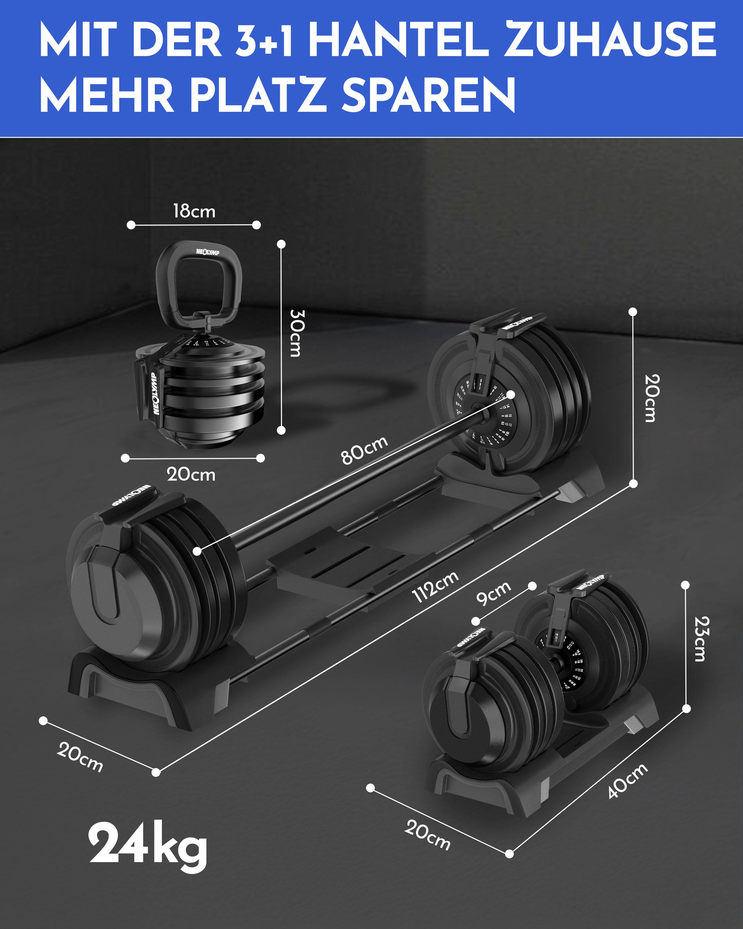 3-in-1 Hantelset zum Verstellen 24kg