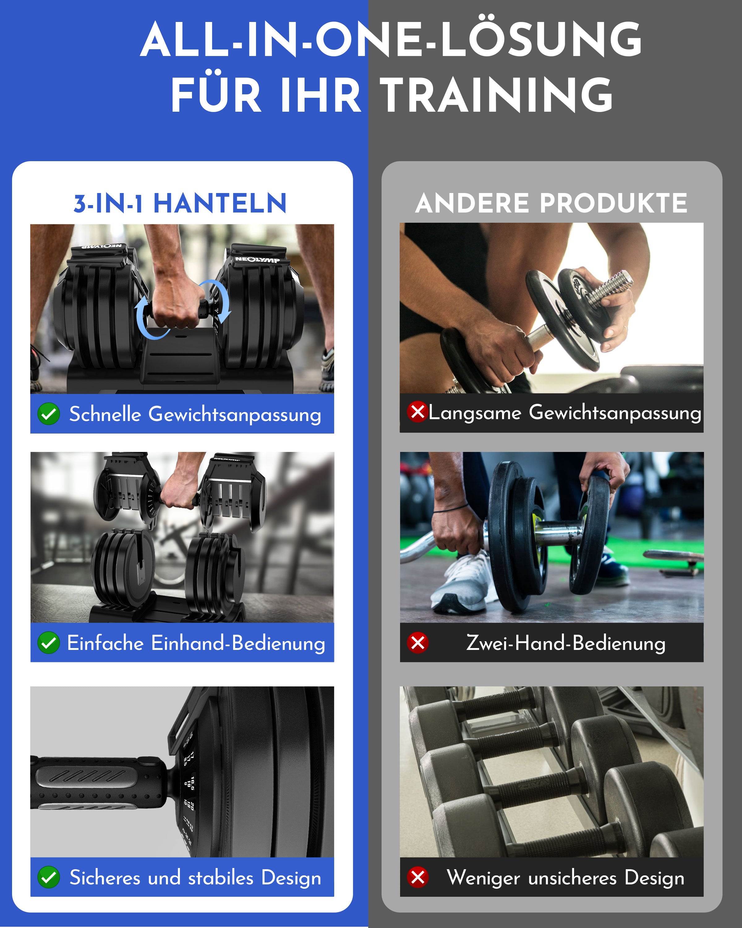 3-in-1 Hantelset zum Verstellen 24kg