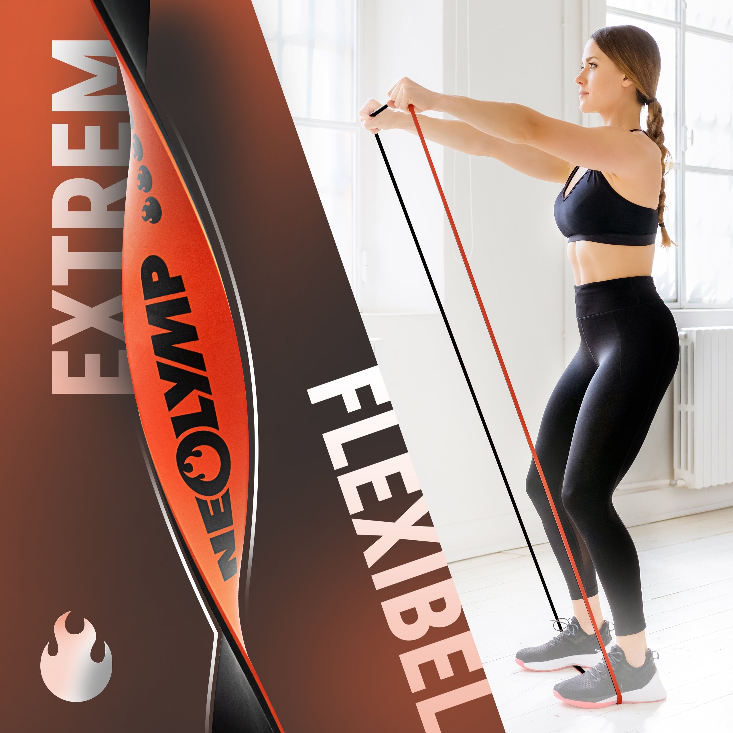 Eine Frau in Sportkleidung verwendet ein orangenes Neolymp-Widerstandsband für ein Widerstandstraining. Auf der linken Seite des Bildes steht der Text „Extrem flexibel“, begleitet von einer Nahaufnahme des Widerstandsbands.