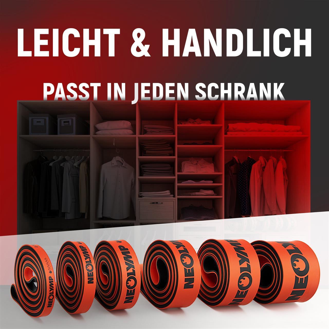 Fünf aufgerollte Neolymp-Widerstandsbänder in Orange und Schwarz liegen nebeneinander vor einem Kleiderschrank. Darüber steht der Text „Leicht & handlich – passt in jeden Schrank“.