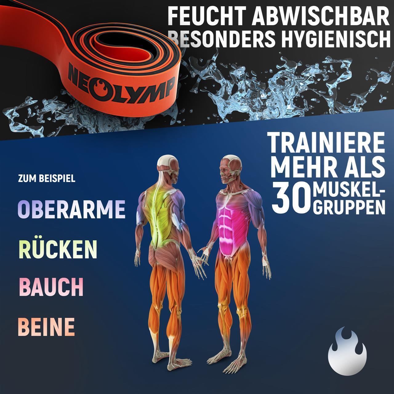Ein orange-schwarzes Neolymp-Widerstandsband liegt vor einer Illustration von Wasser, begleitet vom Text „Feucht abwischbar, besonders hygienisch“. Darunter sind anatomische Zeichnungen von Muskelgruppen abgebildet, mit dem Text „Trainiere mehr als 30 Muskelgruppen“, sowie spezifischen Erwähnungen der Bereiche „Oberarme, Rücken, Bauch, Beine“.
