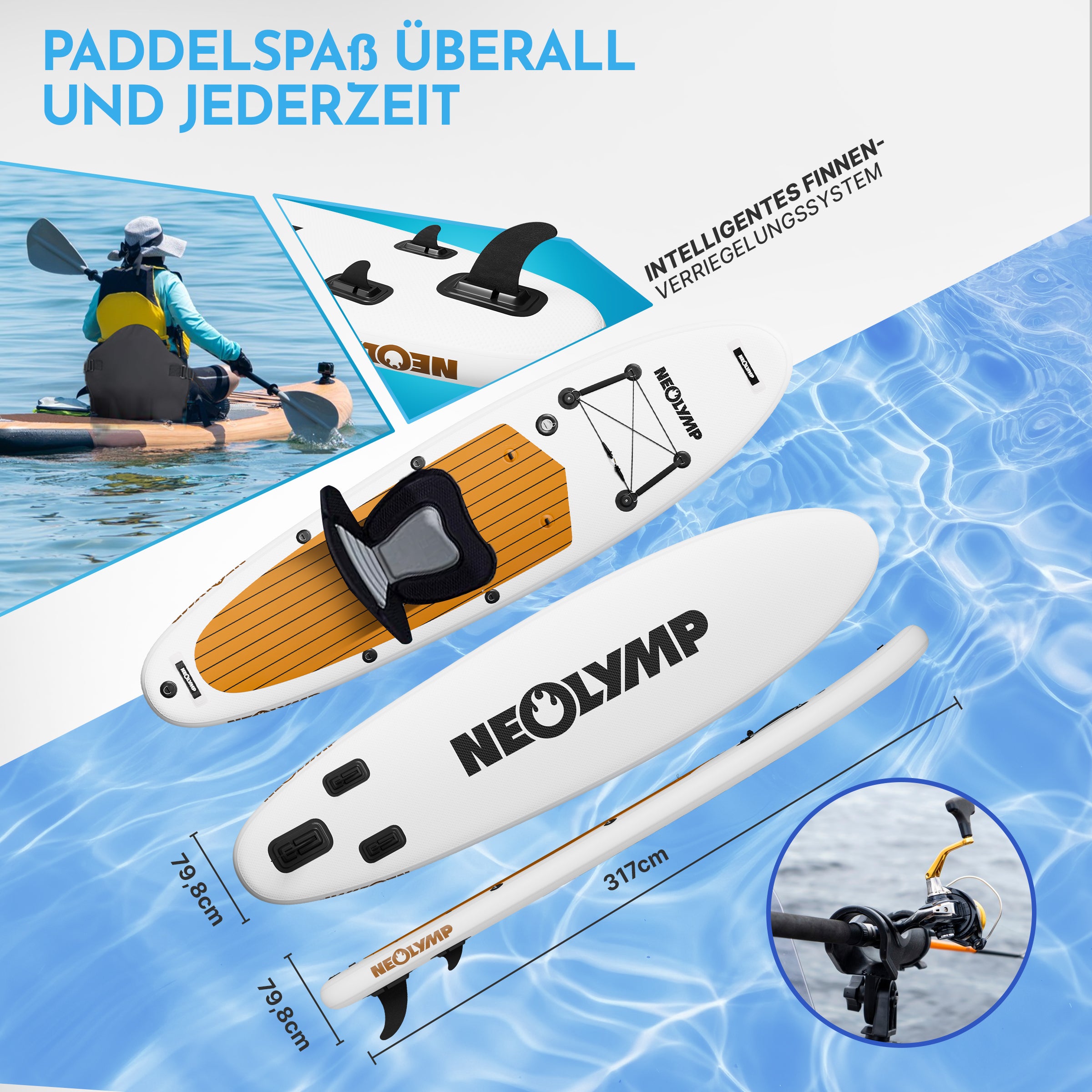 Standard Paddleboard aus verschiedenen Perspektiven: oben, unten, Seite, inklusive Maße sichtbar.