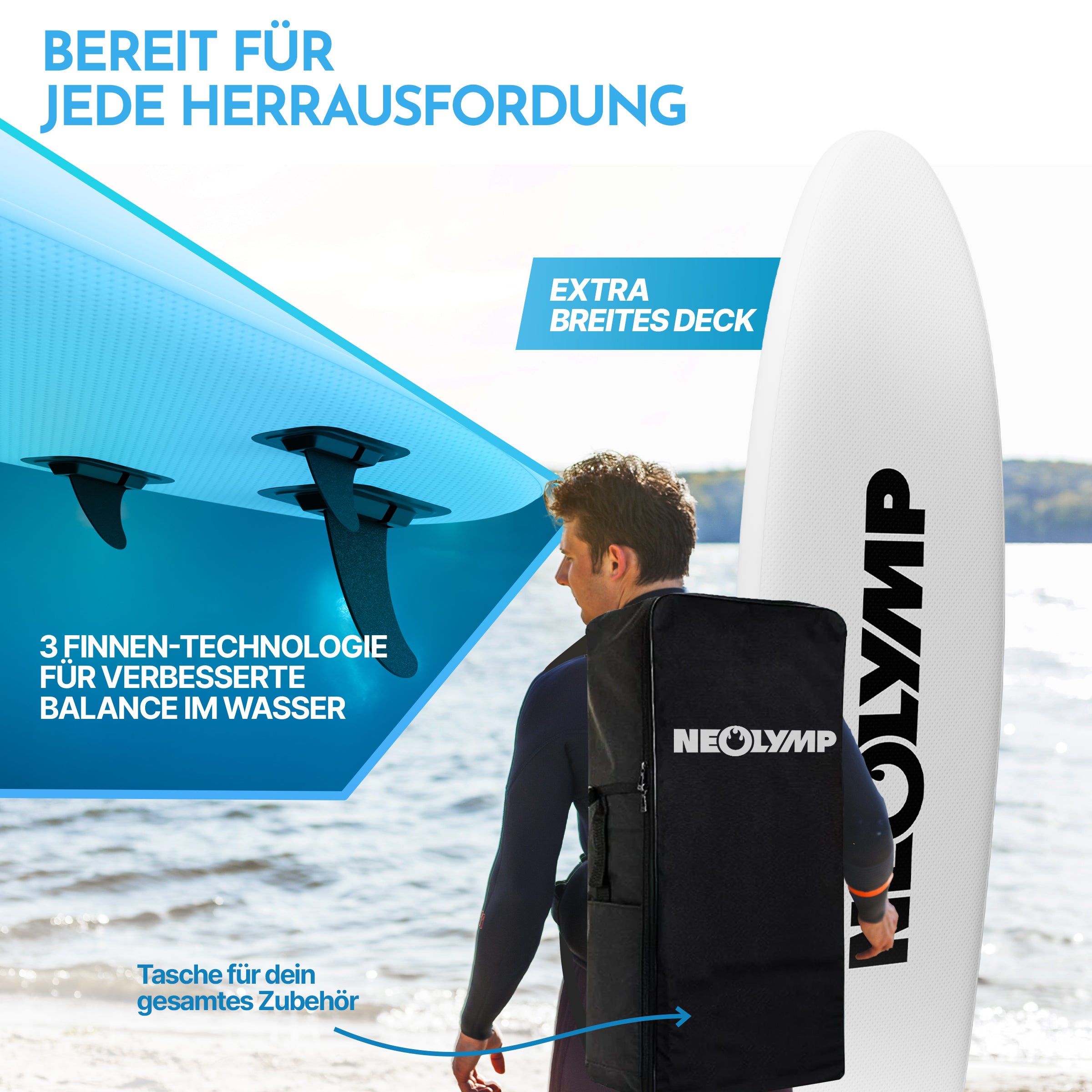 Extra breites Deck, 3-Finnen-System und Zubehör-Tasche als Vorteile und Ausstattung im Set sichtbar