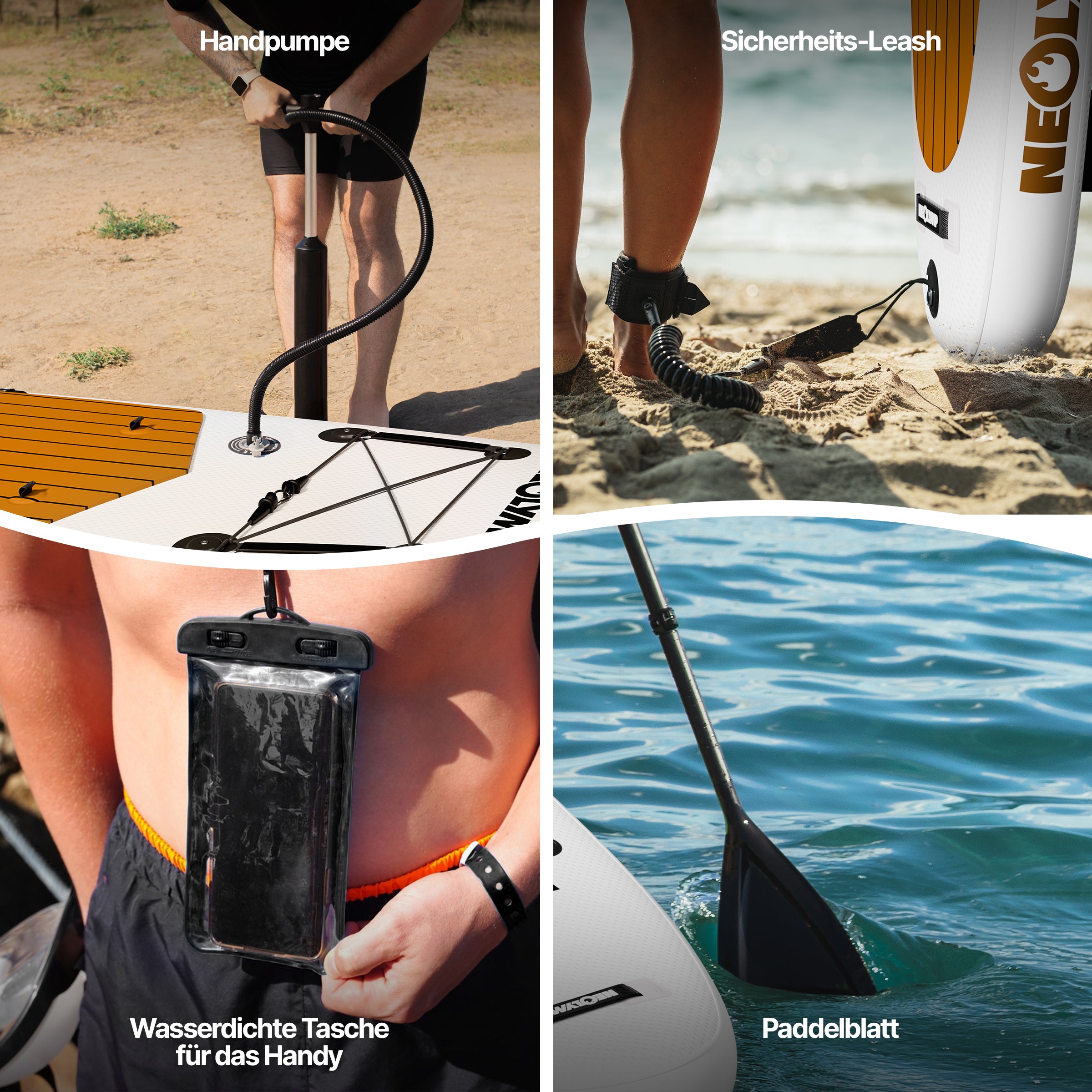 Zubehörbild mit Handpumpe, Sicherheitslash, wasserdichter Handytasche und Paddelblatt.