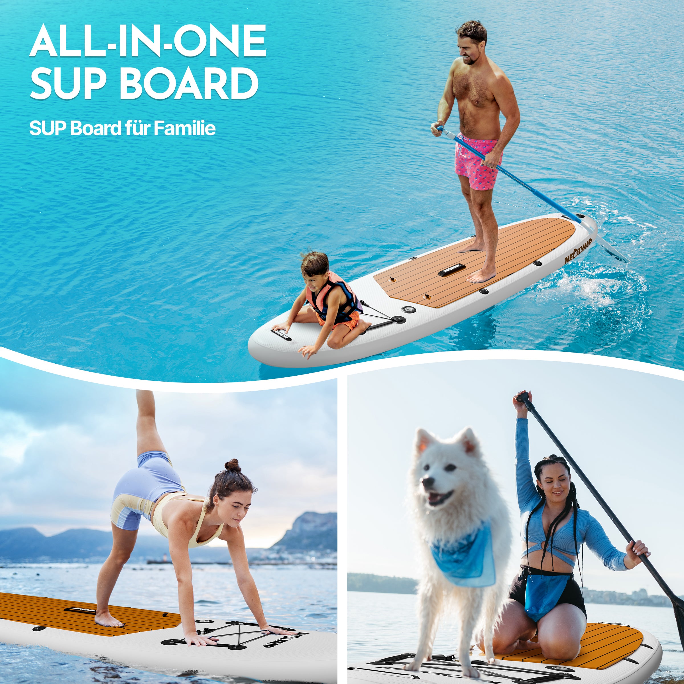 Dreiteiliges Bild: Erwachsener mit Kind, Yoga auf dem Board, Paddeln mit Hund auf SUP-Board.