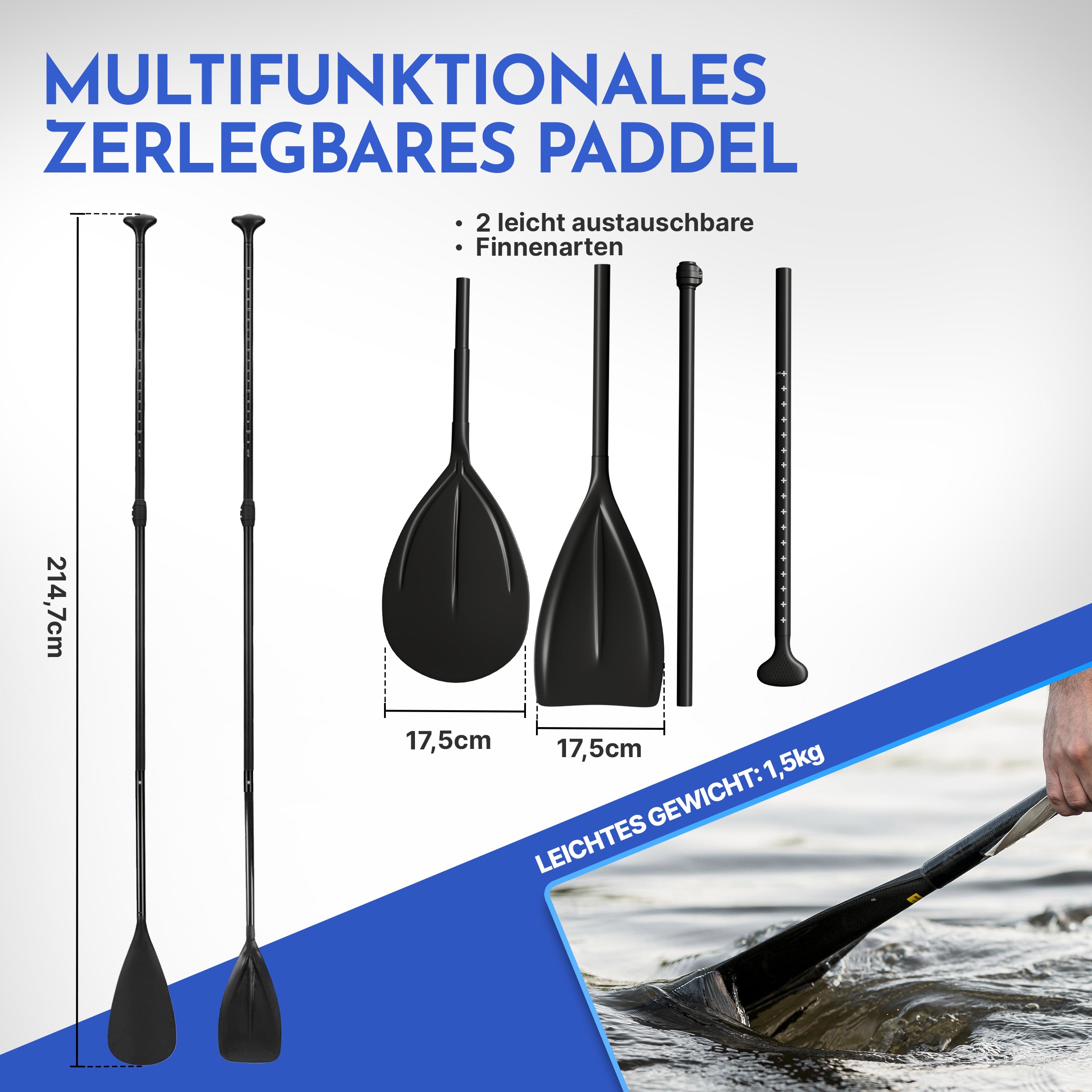 Multifunktionales, zerlegbares Paddle mit Maßen und leichtem Design sichtbar.