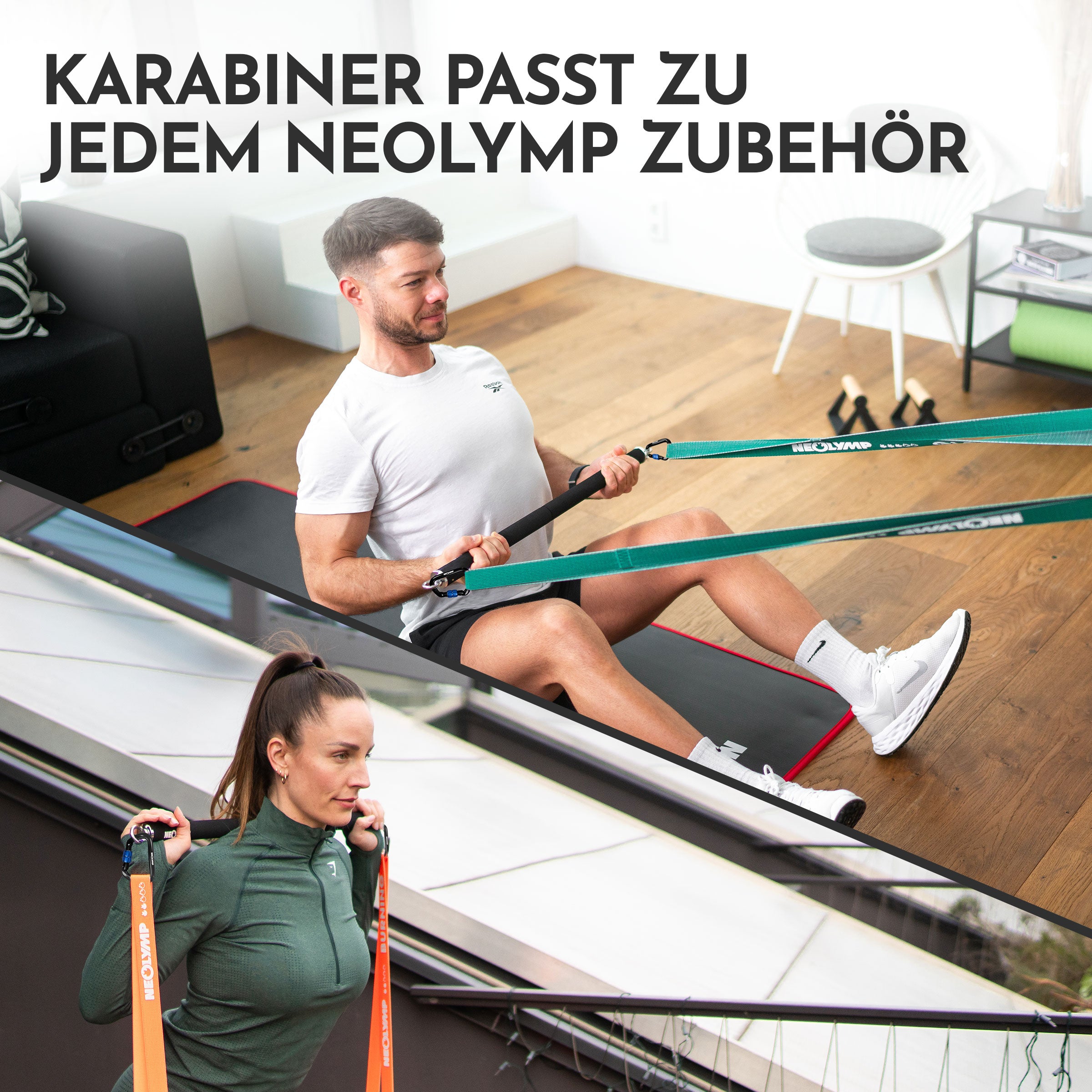 Karabiner kombiniert mit Bänderstange & Fitnessband, Überschrift: passt zu jedem NEOLYMP Zubehör.