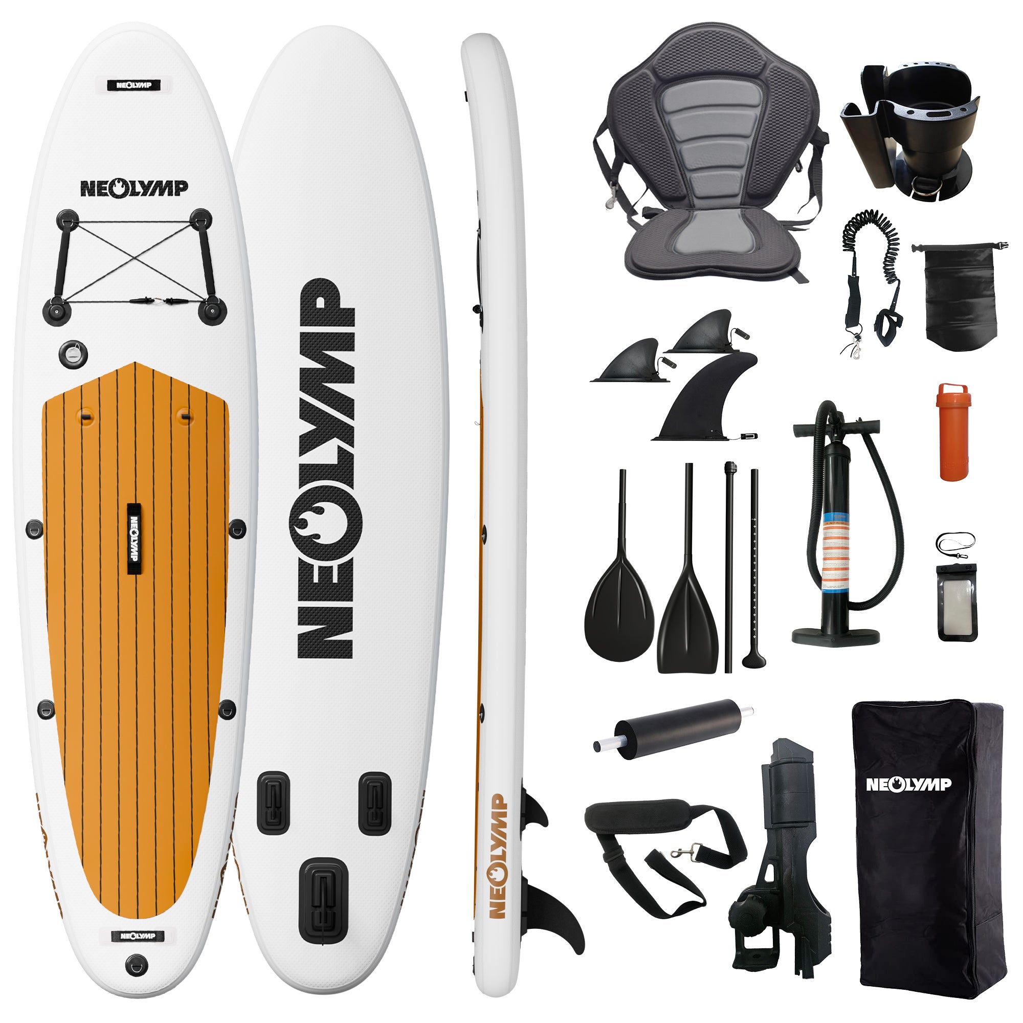 Stand-Up Paddle Board Komplettset mit 13 Teilen, inklusive Board und Zubehör in einer Übersicht.