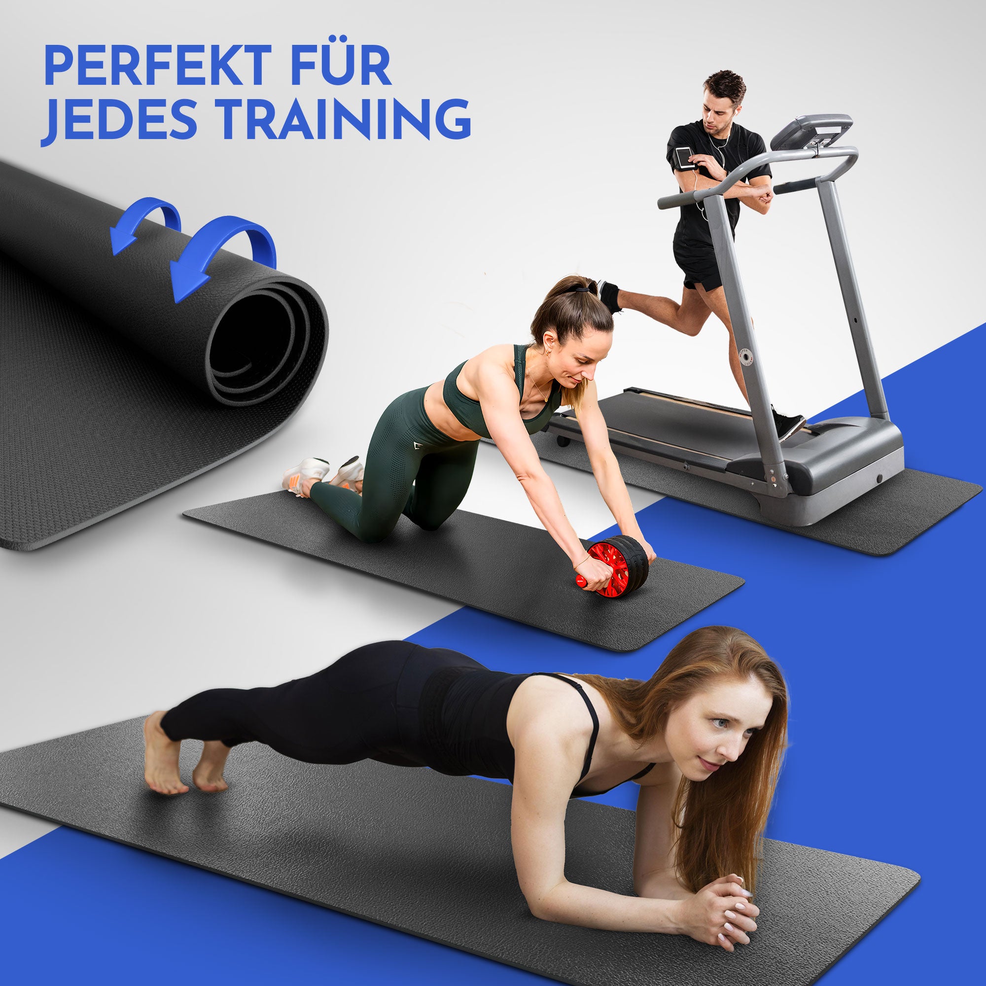 Bodenschutzmatte als Fitnessmatte im Einsatz mit Sportgeräten und verschiedenen Übungen sichtbar.