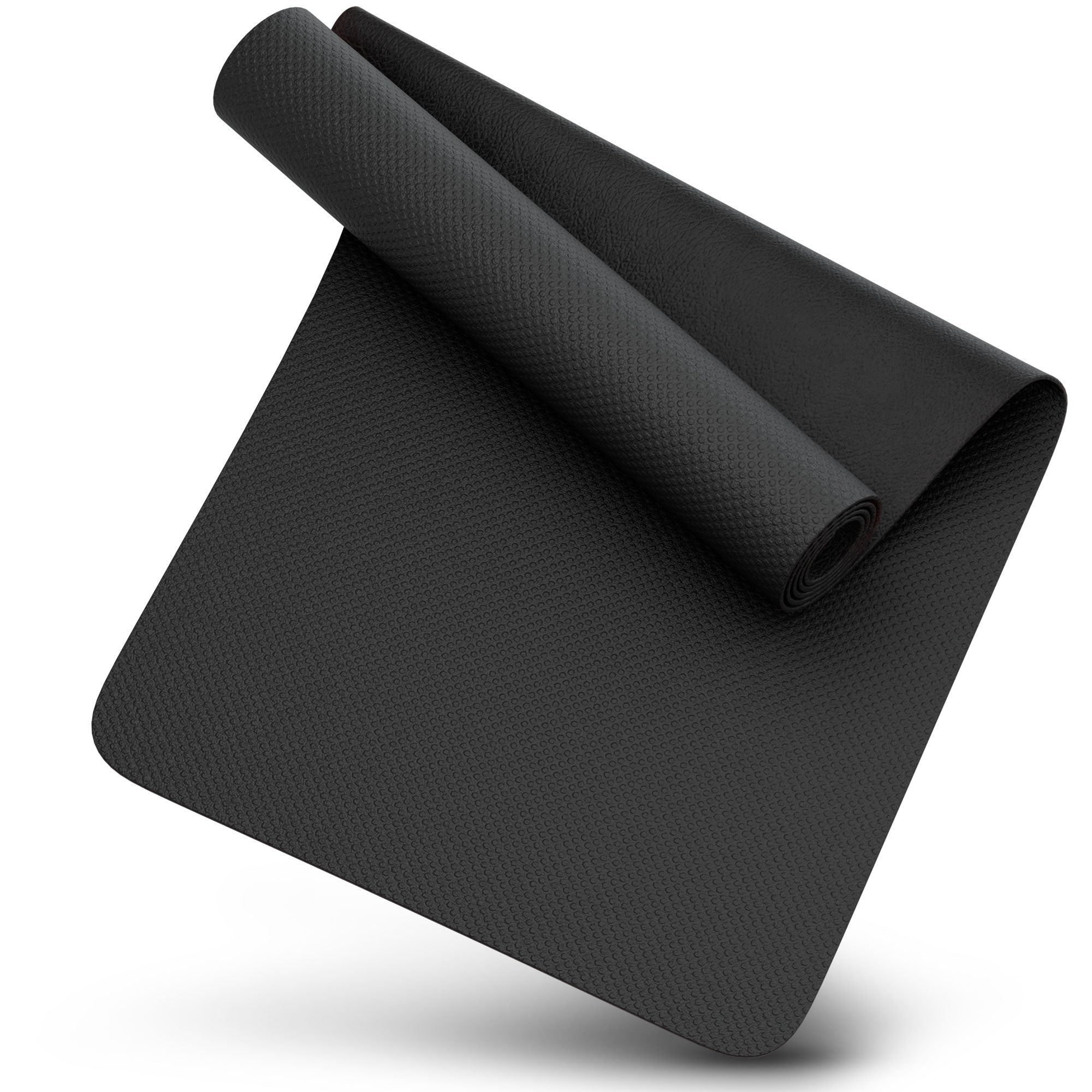 Schwarze Neolymp Laufbandmatte, halb aufgerollt, in einfacher Produktansicht.