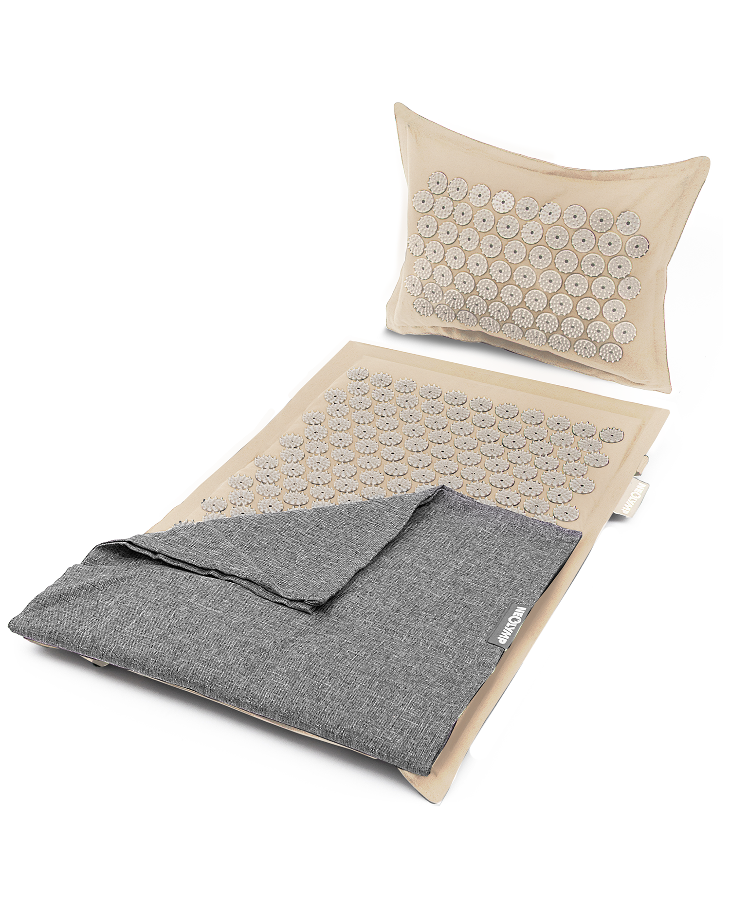 Akupressurmatte mit Kissen inkl. Stuhlbefestigung & Tragefunktion – Beige-Grau (B‑Ware)