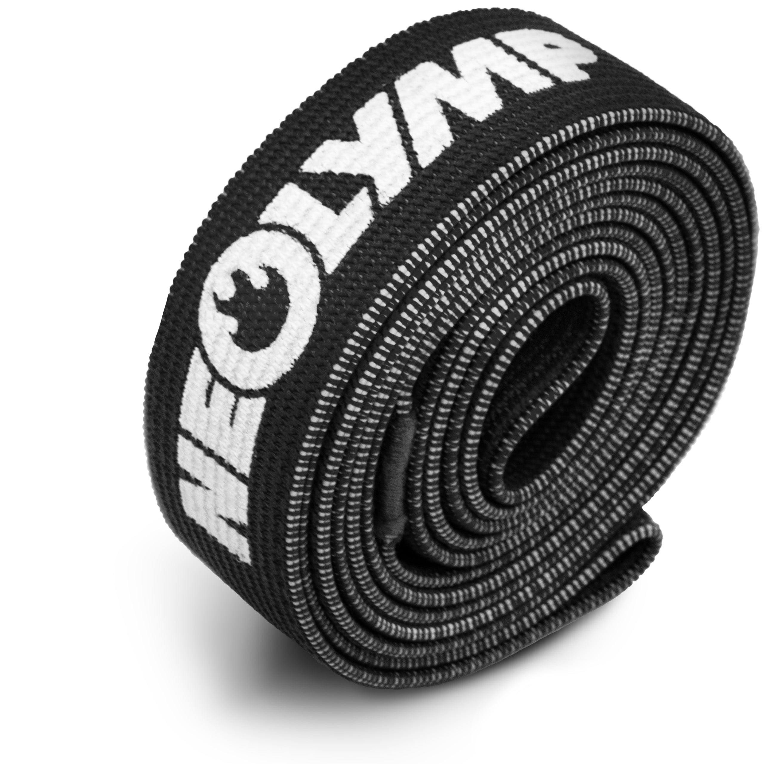 Ein schwarzes Widerstandsband mit weißem Logo, aufgerollt und bereit für den Einsatz. Ideal für verschiedene Fitnessübungen