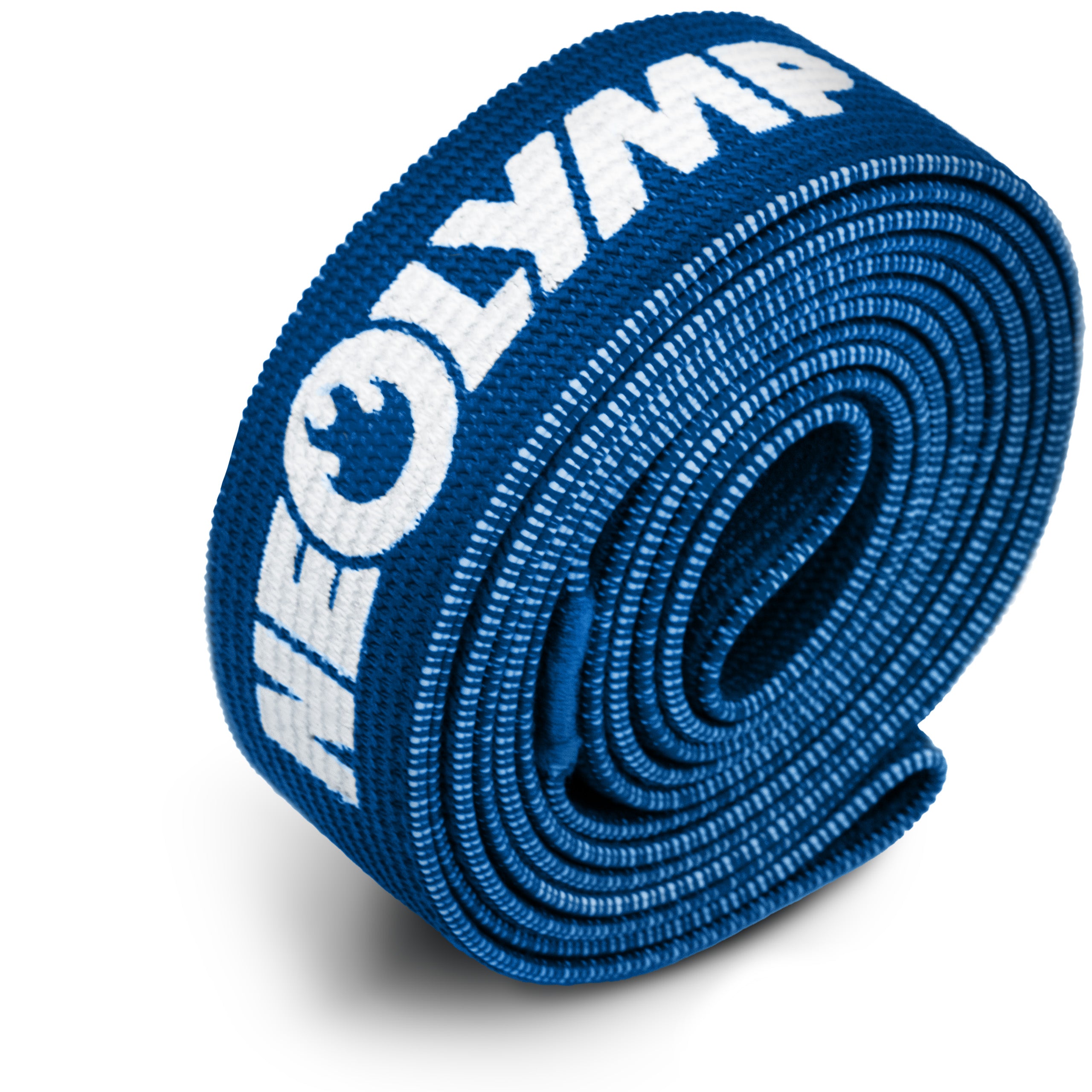 Ein blaues Widerstandsband mit weißem Logo, aufgerollt und bereit für den Einsatz. Ideal für verschiedene Fitnessübungen