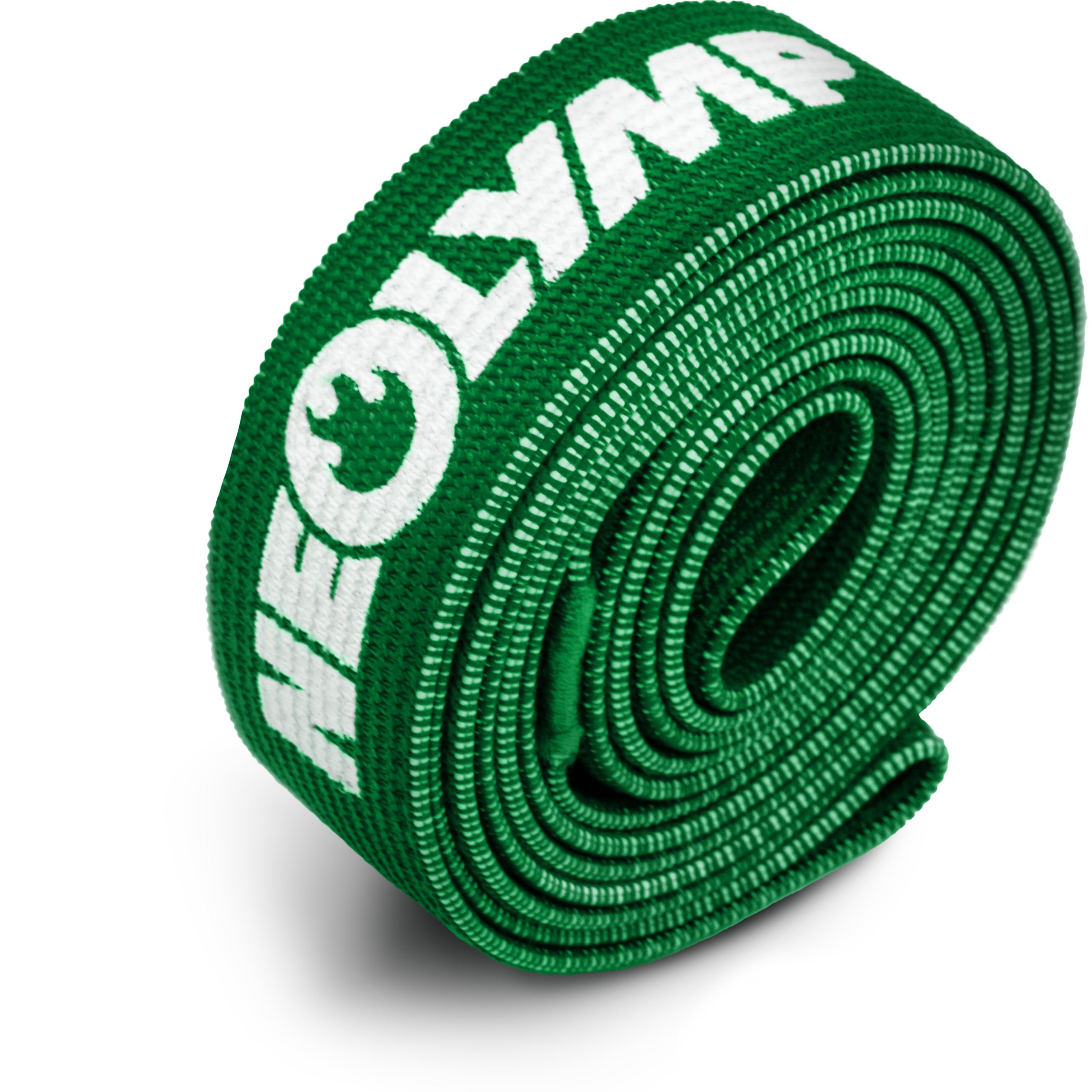 Ein grünes Widerstandsband mit weißem Logo, aufgerollt und bereit für den Einsatz. Ideal für verschiedene Fitnessübungen