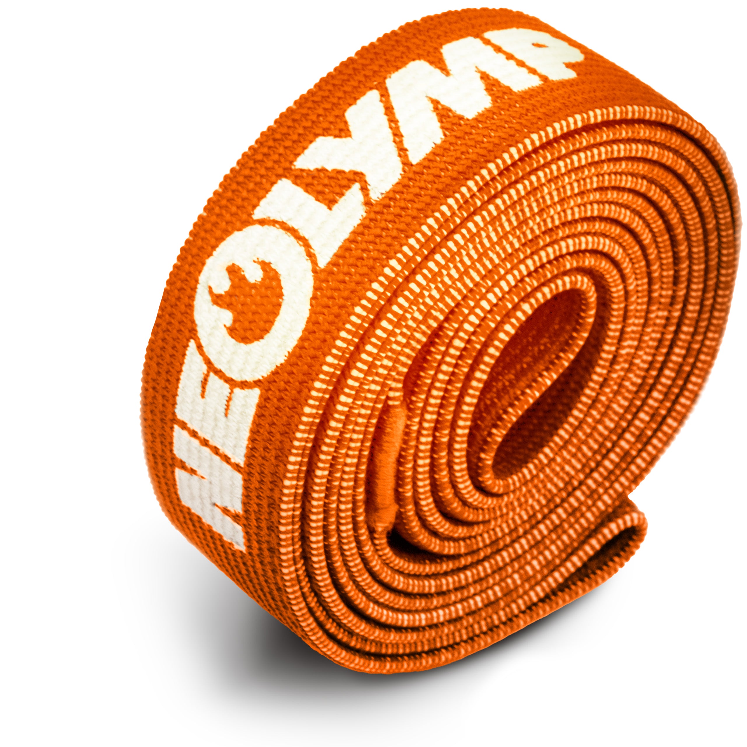 Ein orangenes Widerstandsband mit weißem Logo, aufgerollt und bereit für den Einsatz. Ideal für verschiedene Fitnessübungen