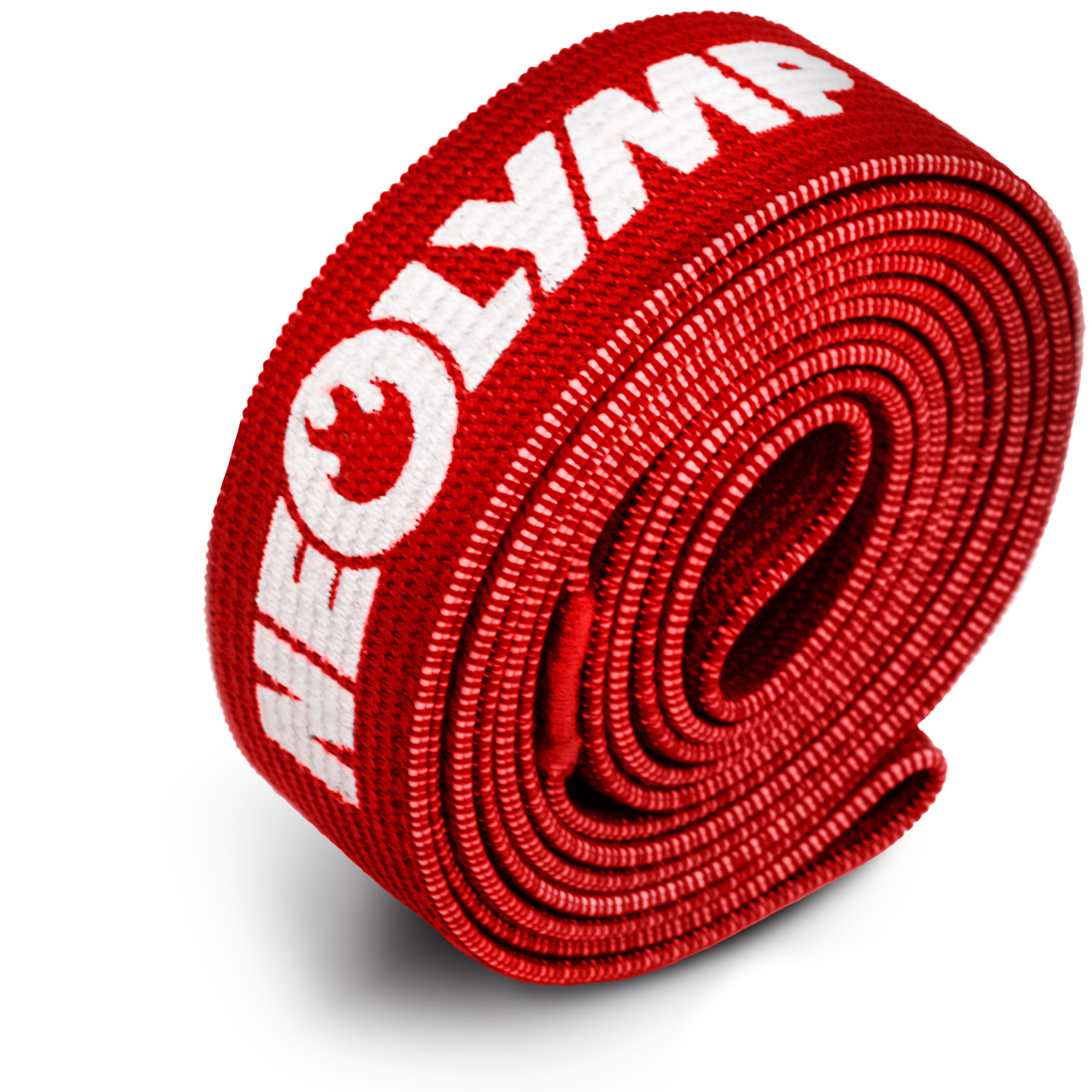 Ein rotes Widerstandsband mit weißem Logo, aufgerollt und bereit für den Einsatz. Ideal für verschiedene Fitnessübungen