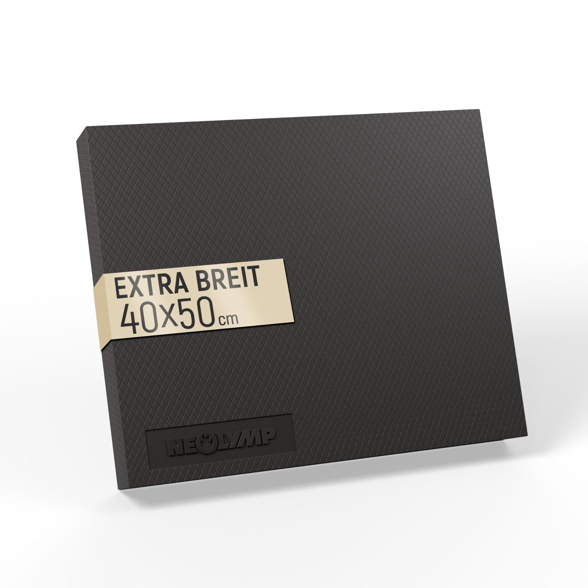 Schwarze Neolymp-Matte in extra breiter Größe von 40x50 cm, aufrecht stehend auf weißem Hintergrund. Auf der Matte befindet sich ein beigefarbener Streifen mit der Aufschrift "Extra Breit 40x50 cm."