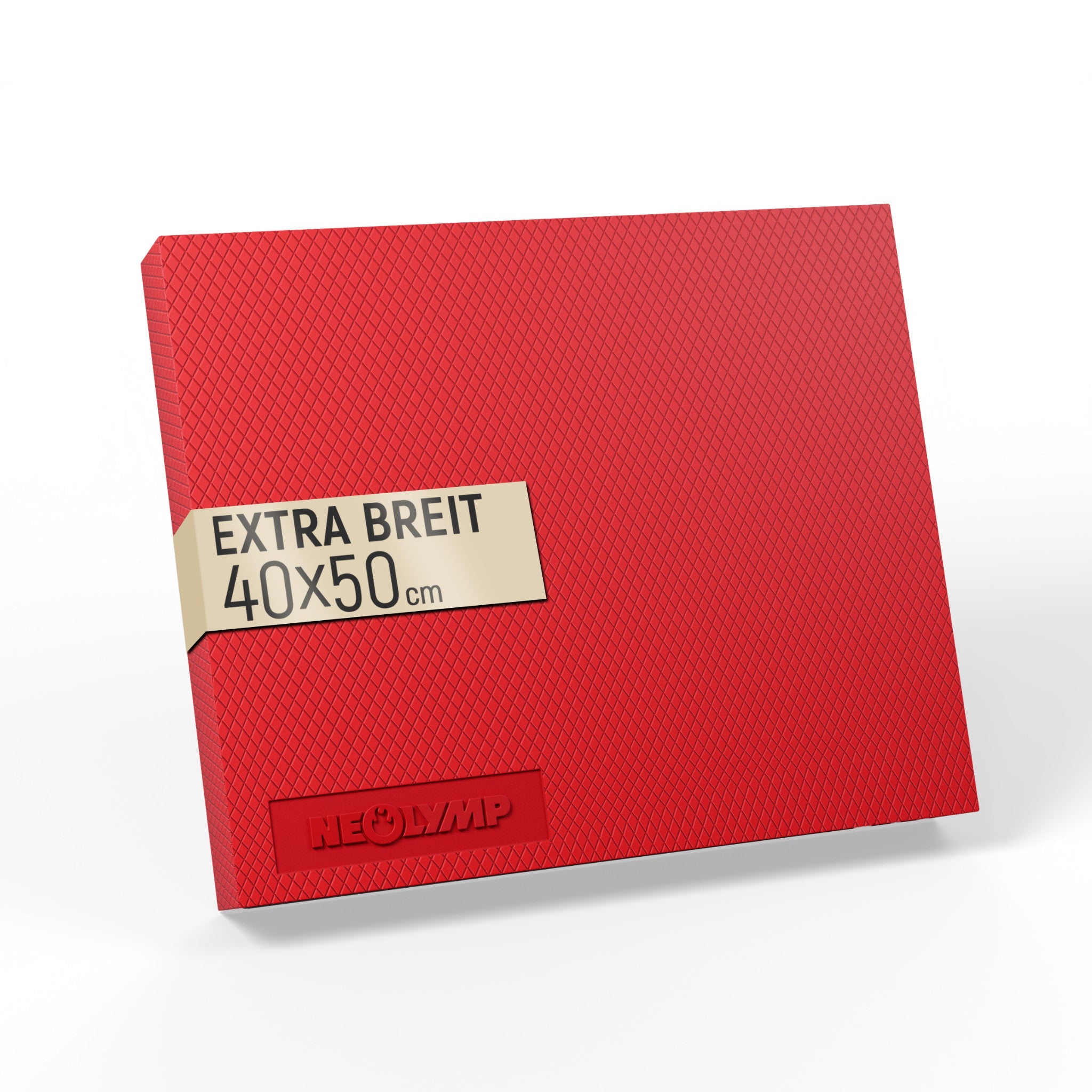 Eine rote Neolymp-Matte in der Größe 40x50 cm wird auf einem weißen Hintergrund dargestellt. Auf der Matte befindet sich ein Etikett mit der Aufschrift "Extra Breit 40x50 cm".