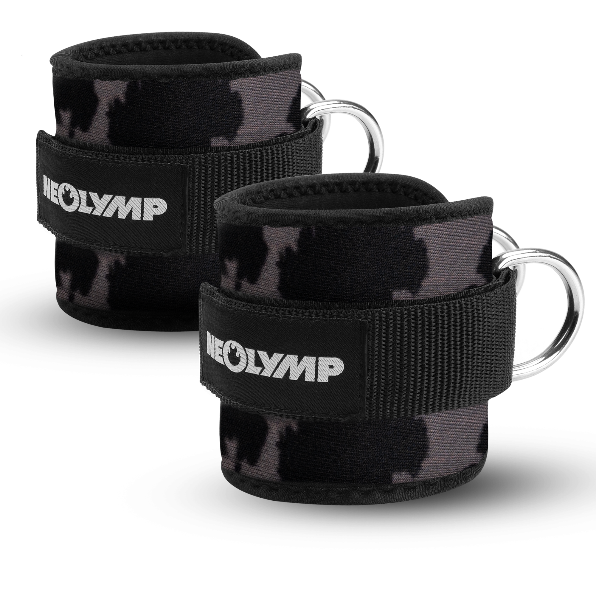 Ein Paar NEOLYMP-Knöchelriemen in Schwarz-Grau-Camouflage-Optik, ausgestattet mit stabilen Metall-D-Ringen zur Befestigung an Fitnessgeräten. Die Riemen bieten komfortable Unterstützung und sind mit dem NEOLYMP-Logo versehen, ideal für Bein- und Gesäßübungen im Krafttraining.