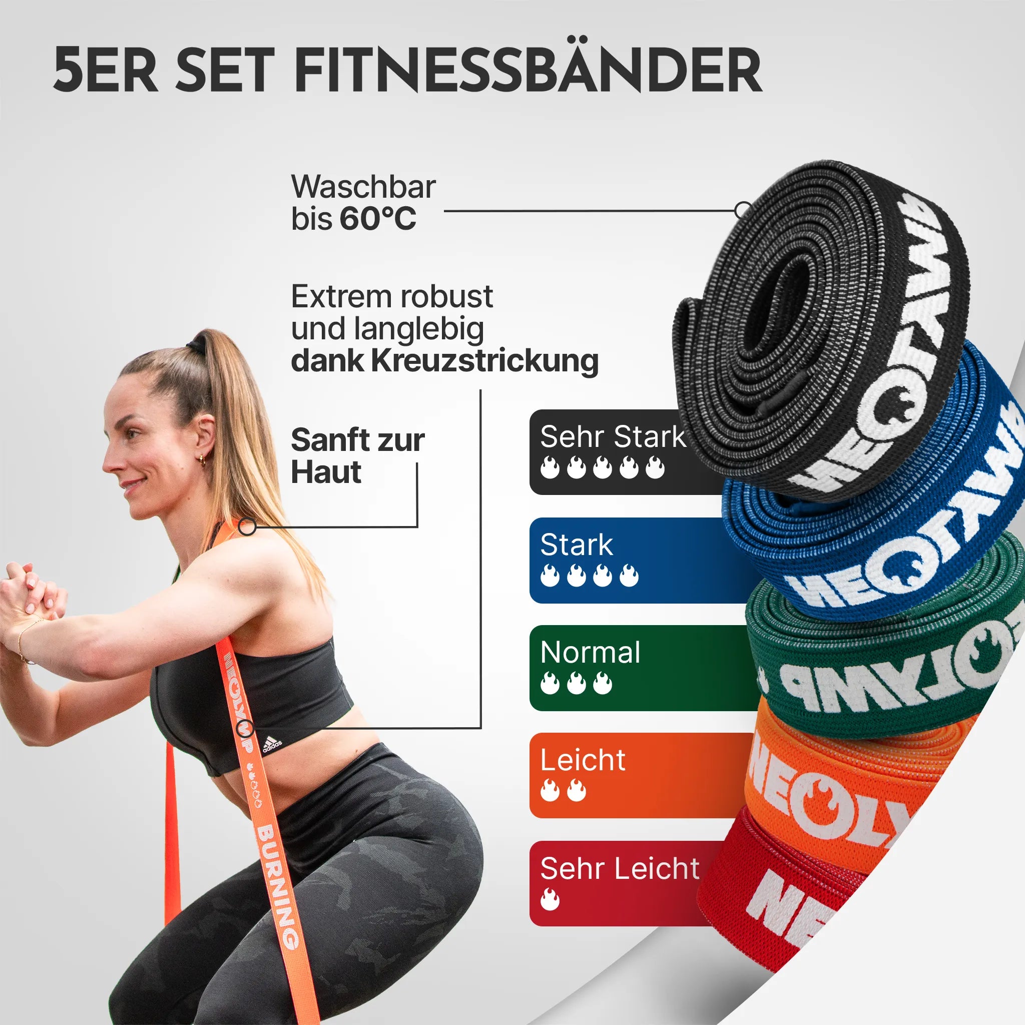 NEOLYMP 5er-Set lange Fitnessbänder in fünf Widerstandsstufen