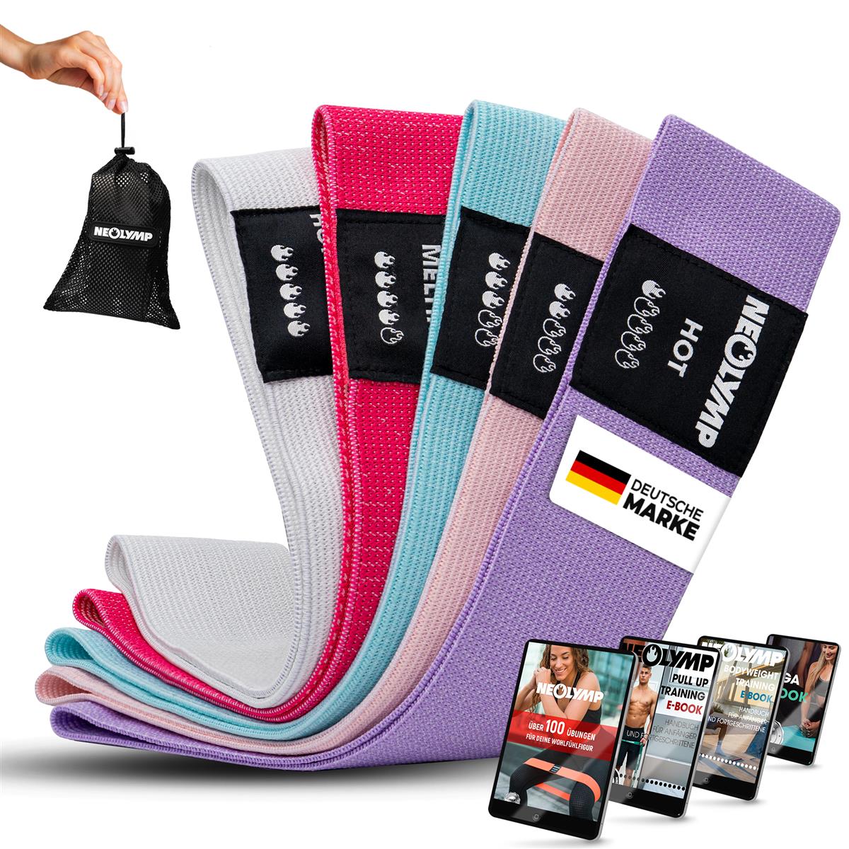 Fitnessbänder kurz aus Stoff – 5er Set Pastell (B‑Ware)