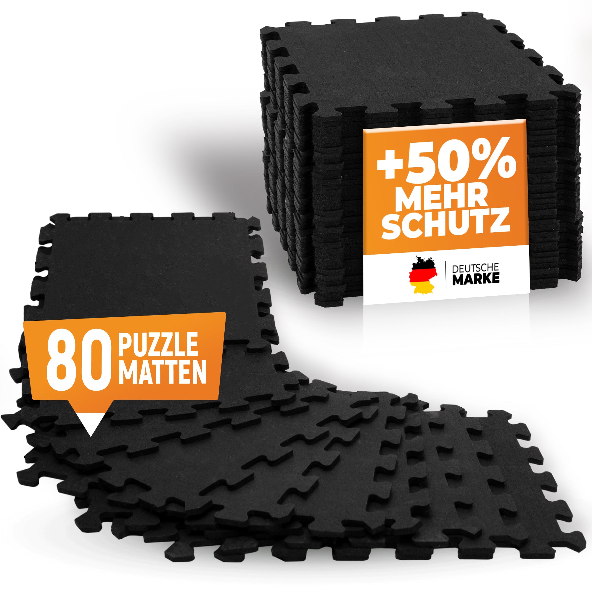Robuste Bodenschutzmatte in Schwarz (Fitness Puzzelmatte) – 10x 8 Stück (80 Stück) (B‑Ware)