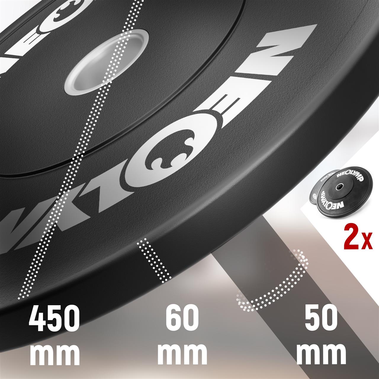 Neolymp Gewichtsscheibe mit 450 mm Durchmesser, 60 mm Breite und 50 mm Lochdurchmesser, im 2er-Set erhältlich.