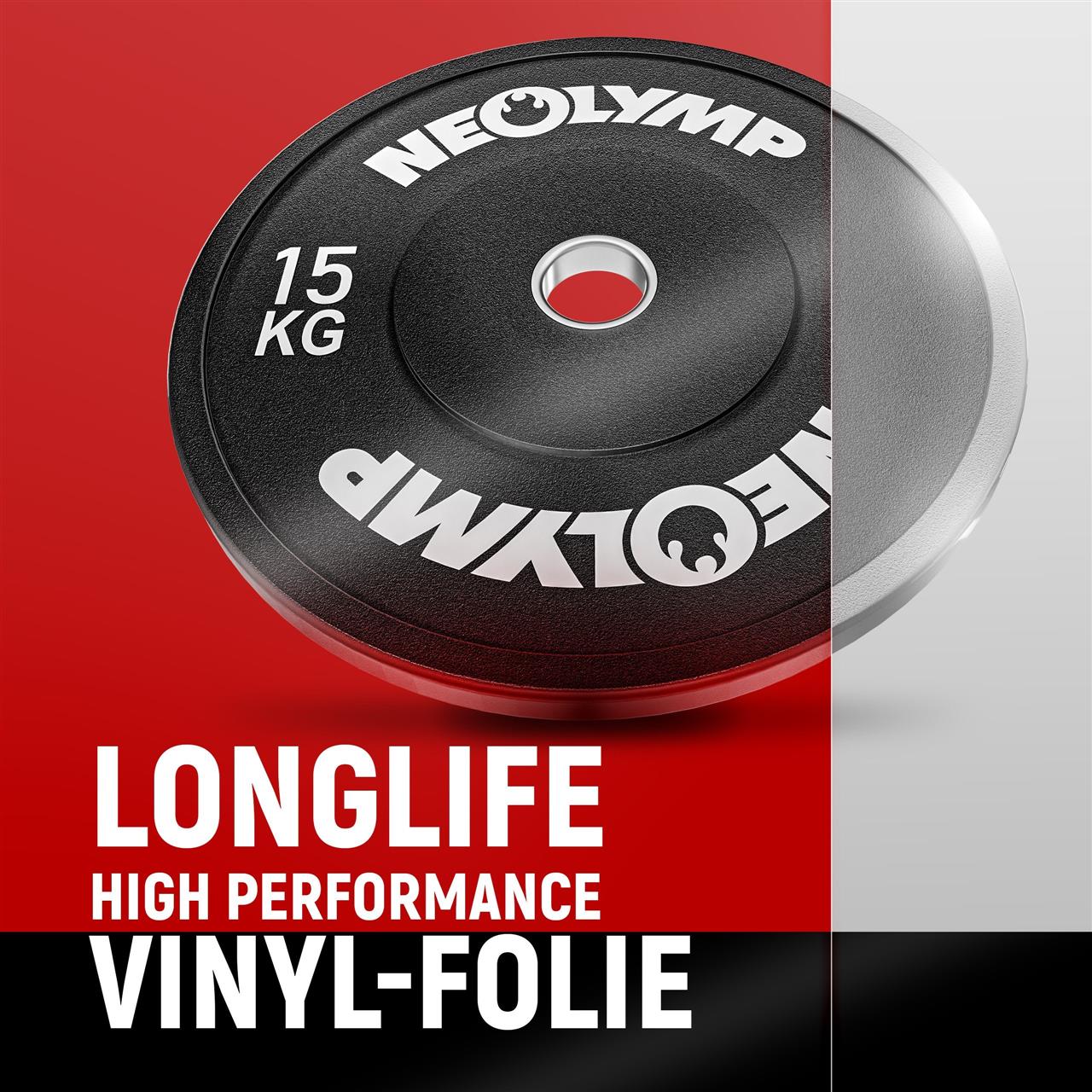 Neolymp 15 kg Gewichtsscheibe mit langlebiger High Performance Vinyl-Folie für zusätzlichen Schutz und Langlebigkeit.