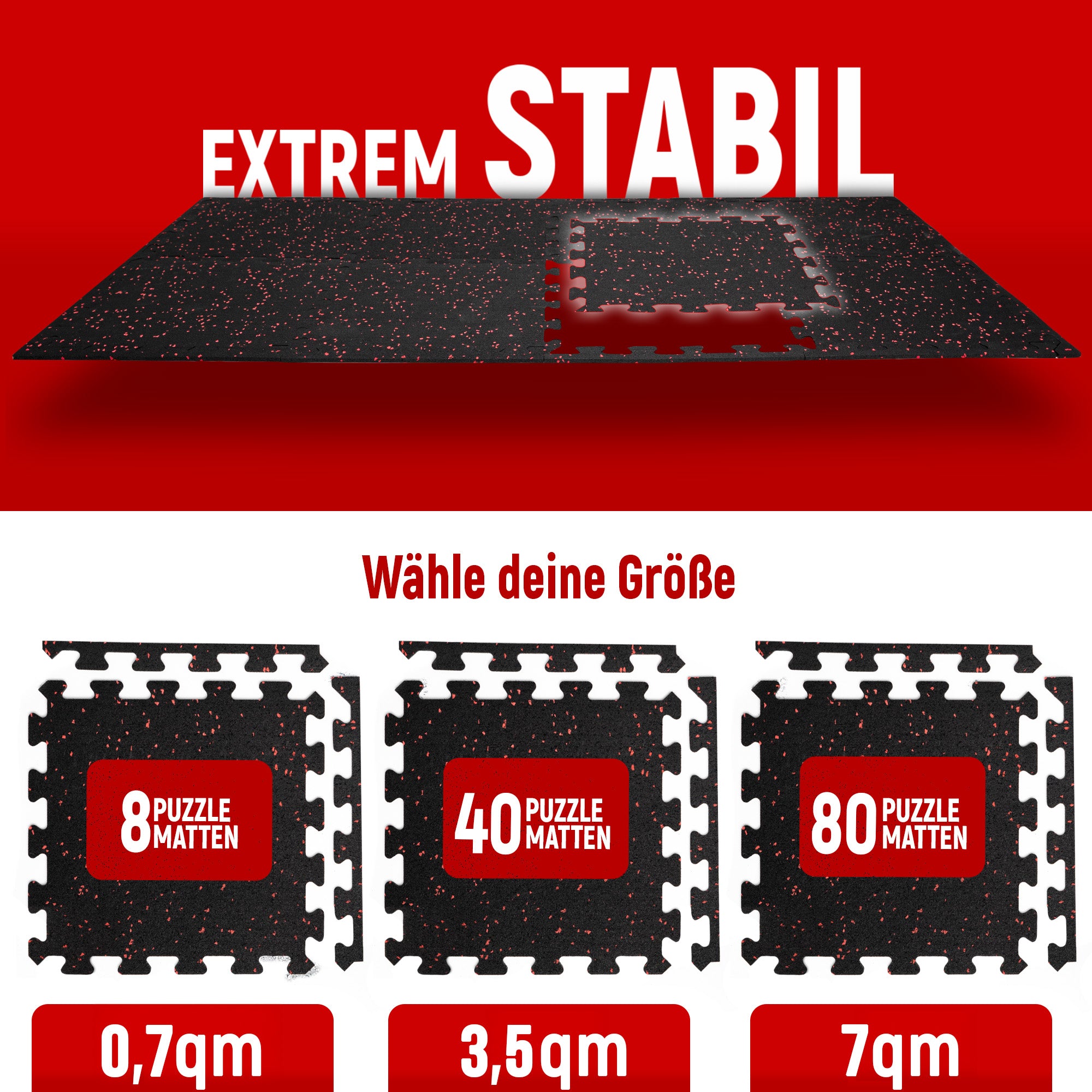 Gesprenkelte Bodenschutzmatte in drei verschiedenen Varianten sichtbar, darüber steht extrem stabil