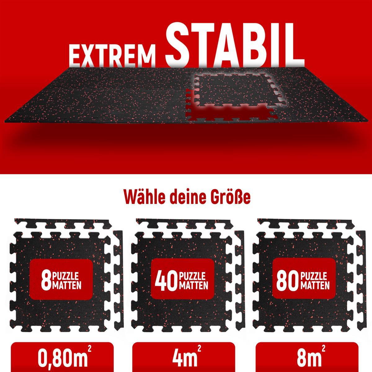 Extrem stabile Puzzlematten in verschiedenen Größen erhältlich: 8 Matten (0,8 m²), 40 Matten (4 m²) und 80 Matten (8 m²). Ideal zur individuellen Anpassung und Erweiterung des Trainingsbereichs.