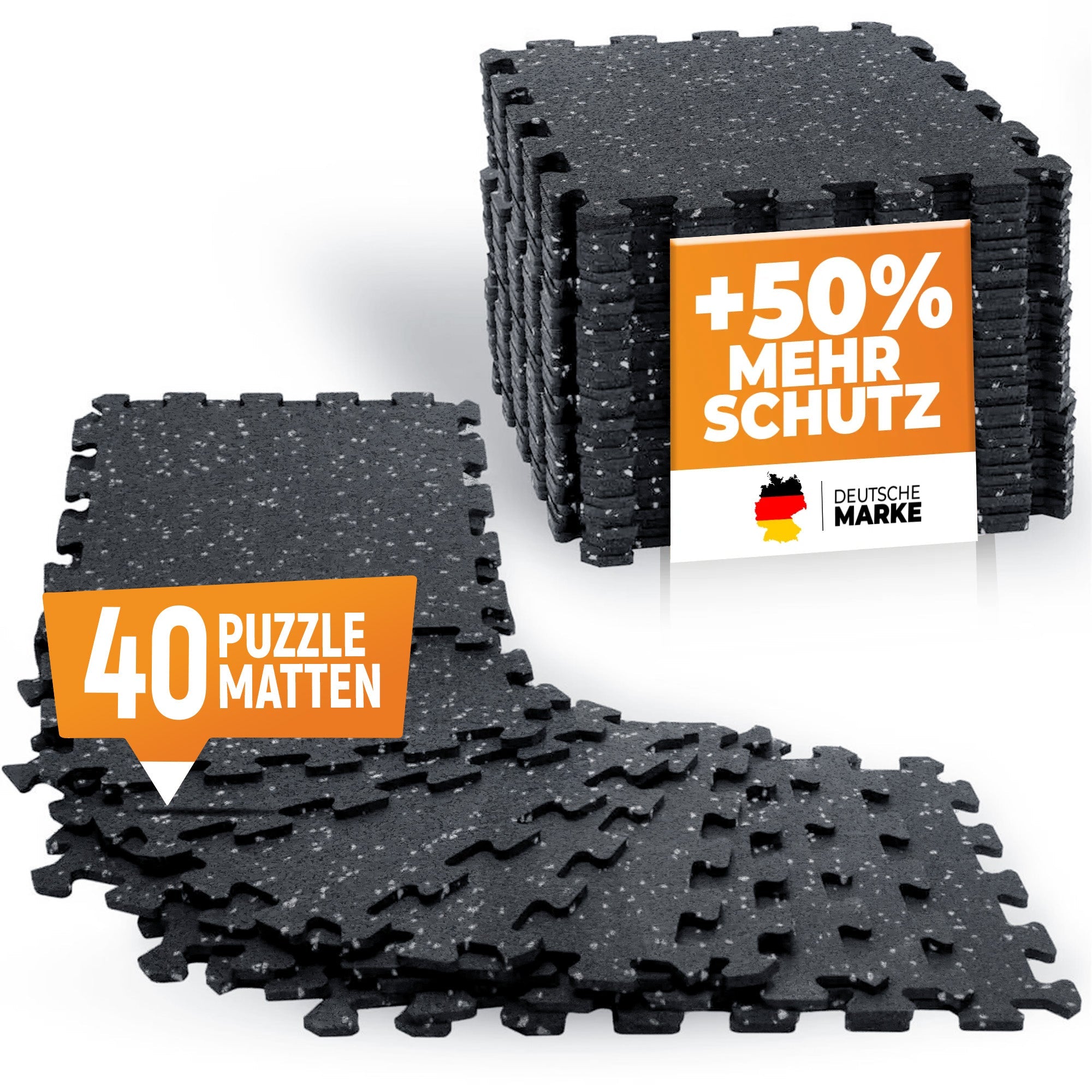 Robuste Bodenschutzmatte schwarz/grau gesprenkelt (Fitness Puzzlematte) – 5 x 8 Stück (40 Stück) (B‑Ware)