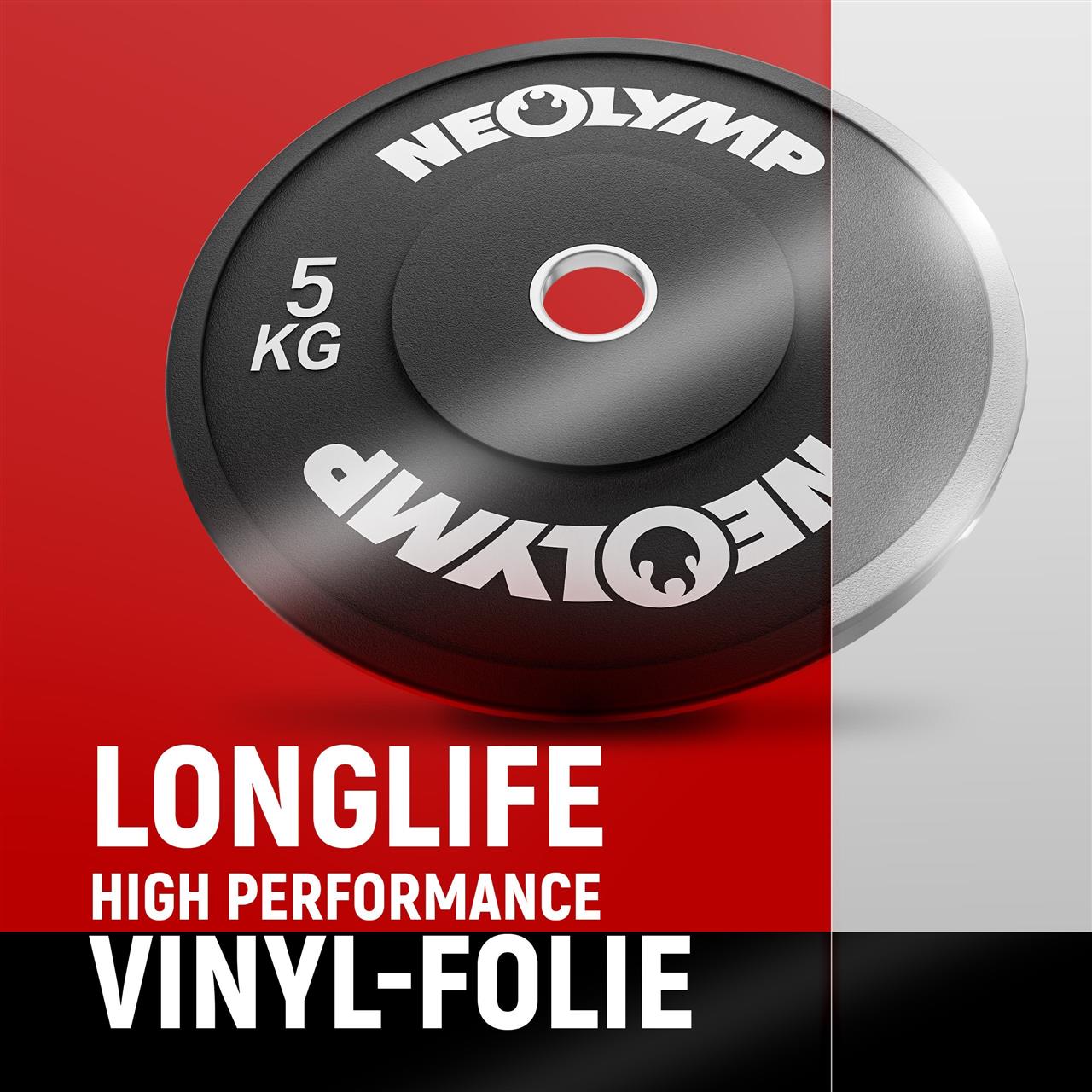 Neolymp 5 kg Gewichtsscheibe mit langlebiger High Performance Vinyl-Folie für zusätzlichen Schutz und Langlebigkeit.