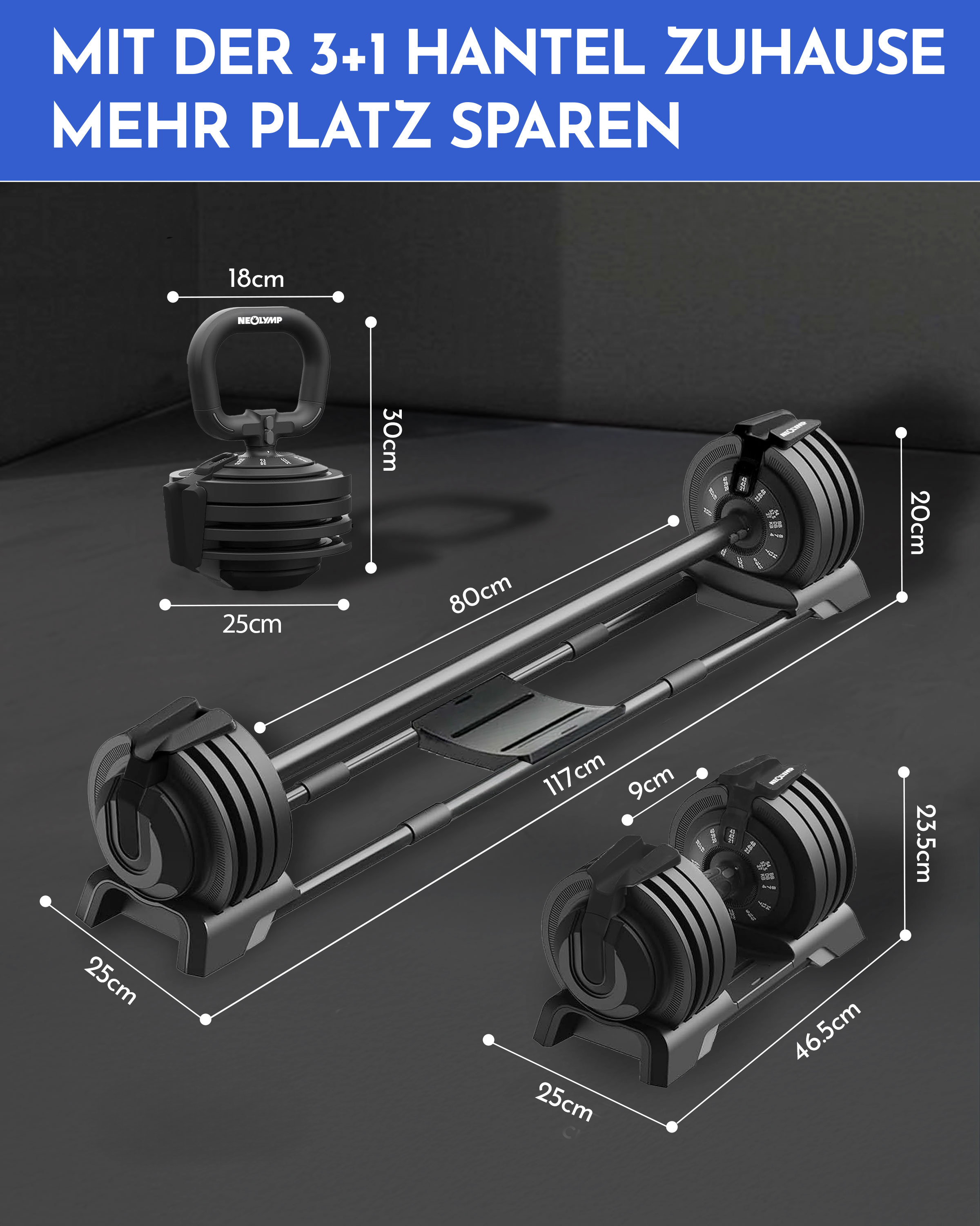 3-in-1 Hantelset zum Verstellen 24kg