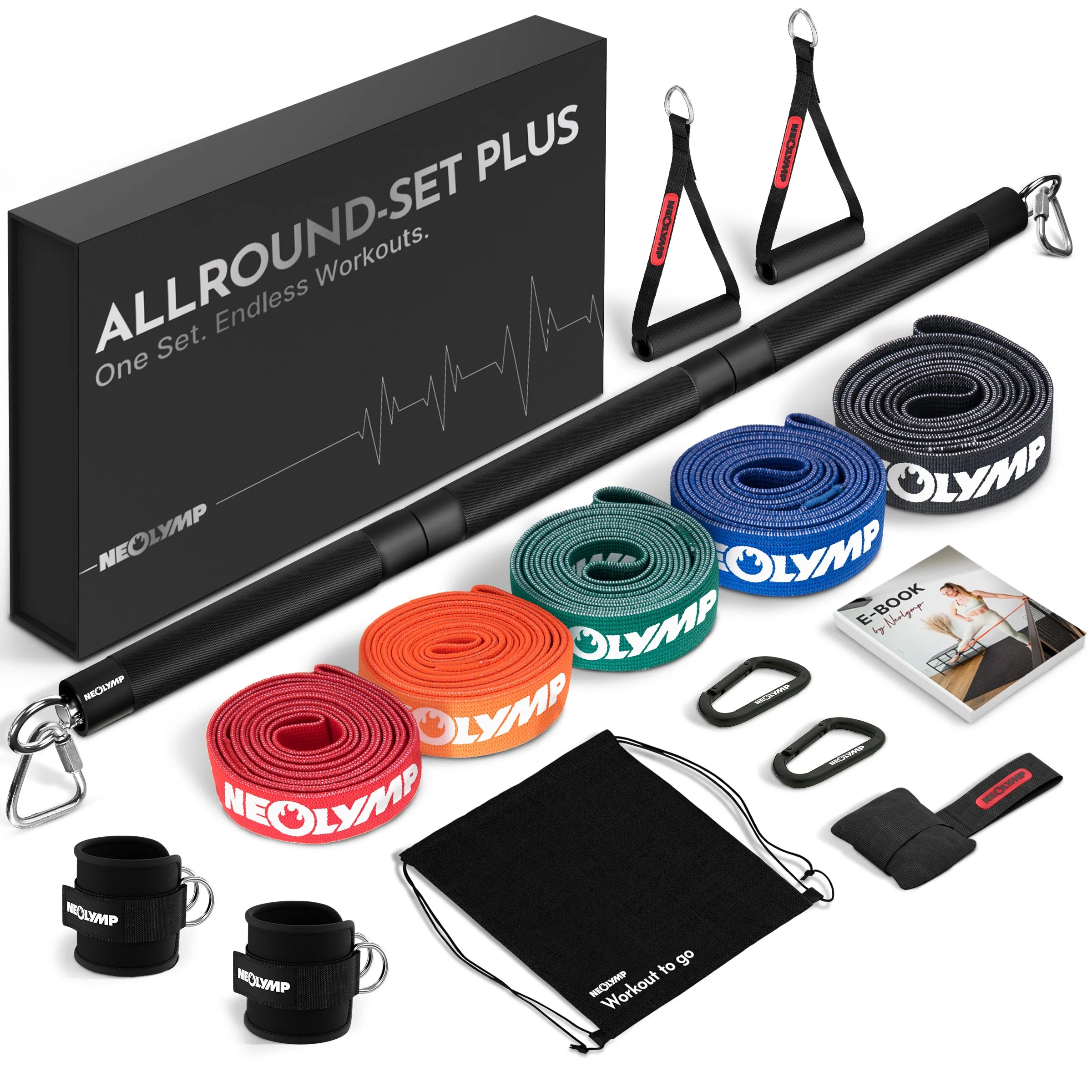 Fitnessbänder Allroundset – Stoff-Widerstandsbänder inkl. Zubehör & 1000+ Übungen - Allroundset Plus - Fitnessbänder von NEOLYMP | Fitnessequipment und Sportartikel