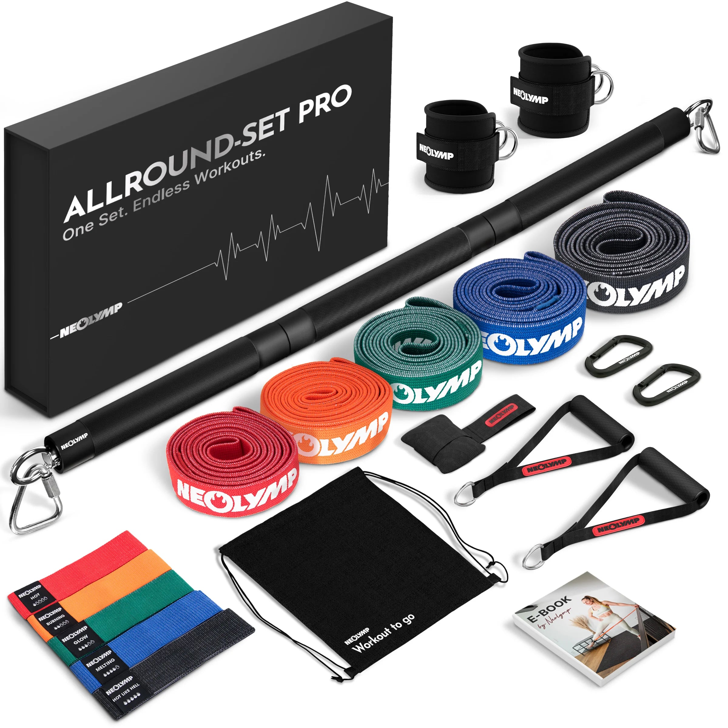 Fitnessbänder Allroundset – Stoff-Widerstandsbänder inkl. Zubehör & 1000+ Übungen - Allroundset Pro - Fitnessbänder von NEOLYMP | Fitnessequipment und Sportartikel