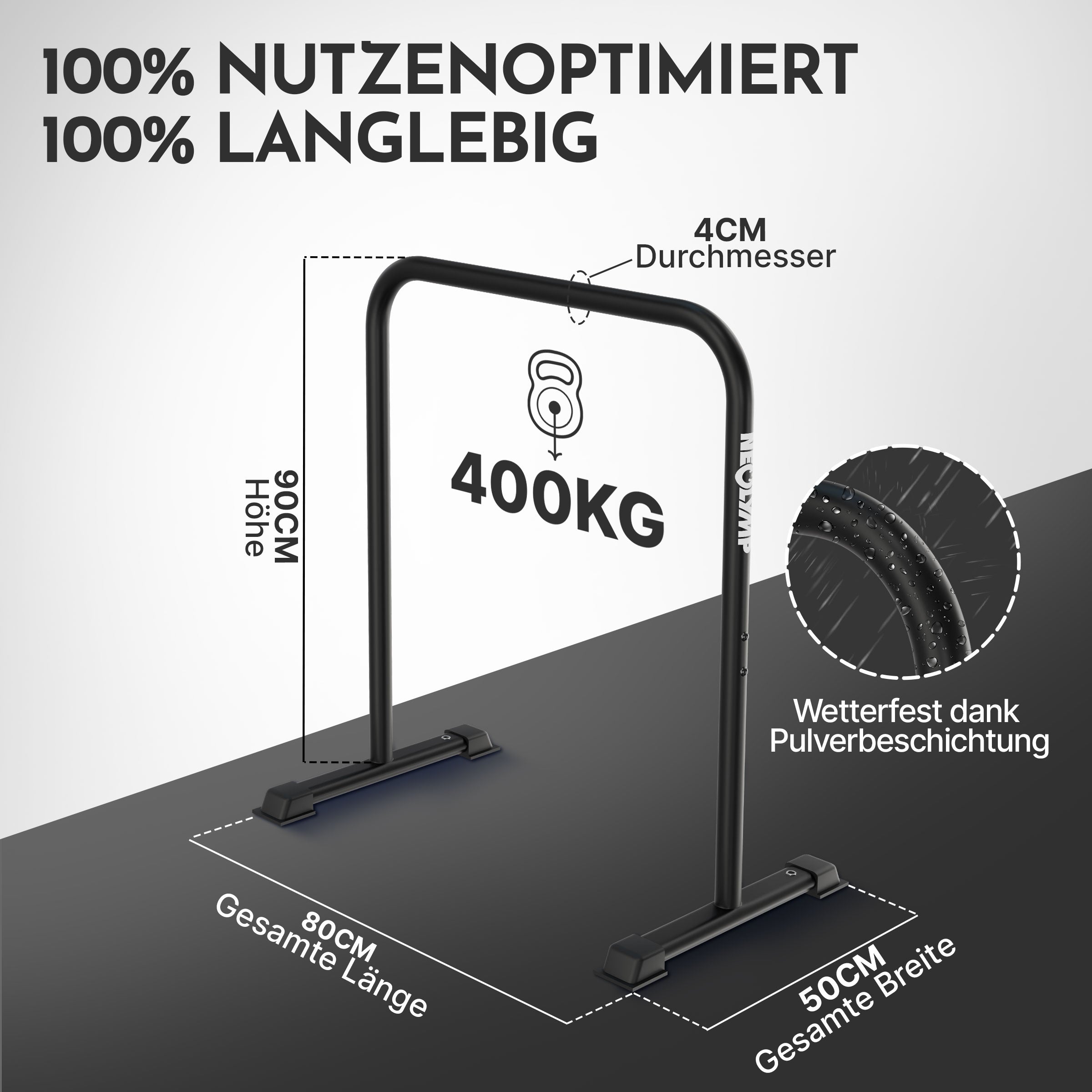 Dip Barren mit Breite, Länge, Höhe, 400 kg Tragkraft, langlebig und wetterfest sind sichtbar