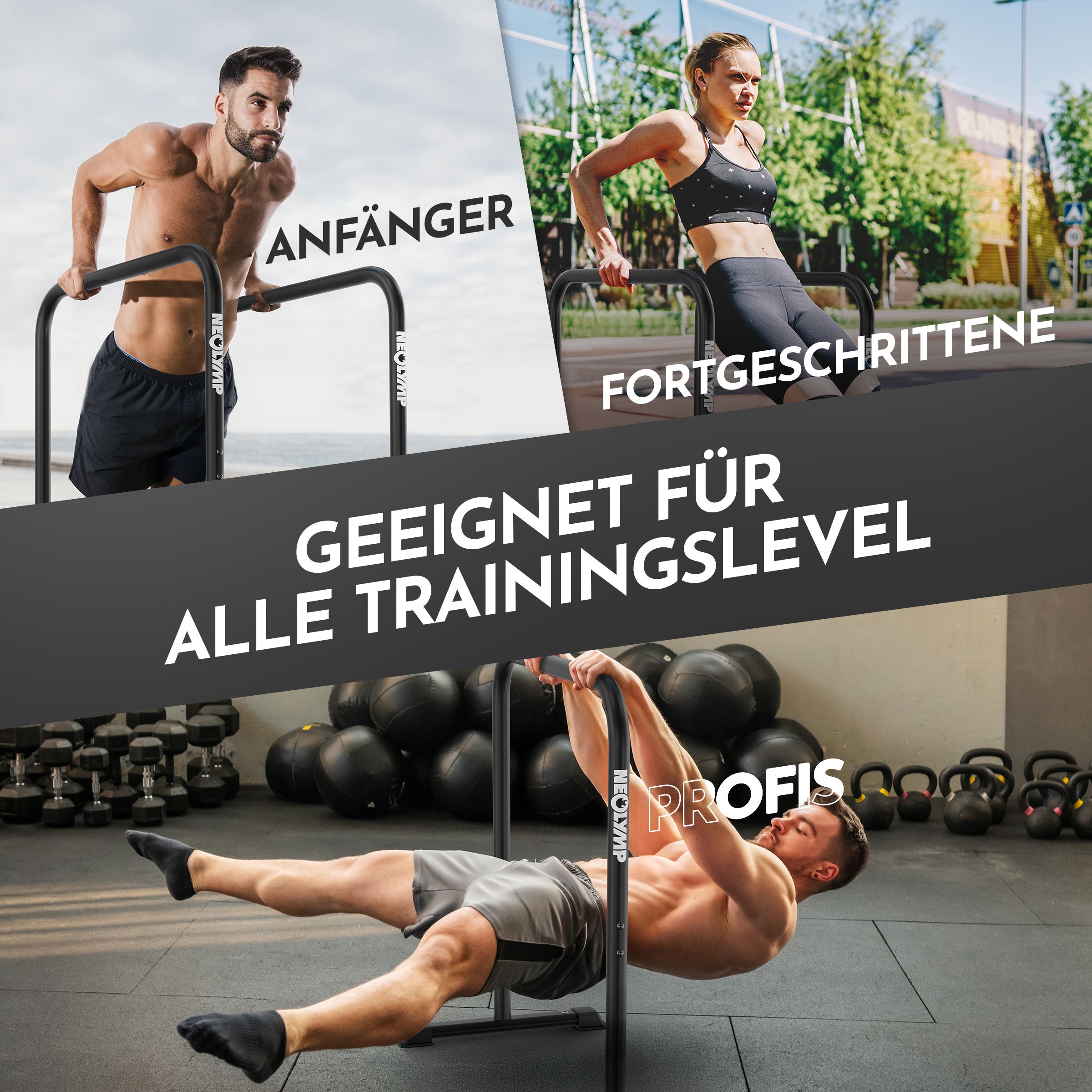 Mehrere Calisthenics-Übungen sichtbar, darunter Dips und Trizeps-Workouts mit den Dip-Barren.