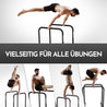 Vielseitige Calisthenics-Übungen an Dip-Barren mit verschiedenen Halte- und Bewegungsabläufen