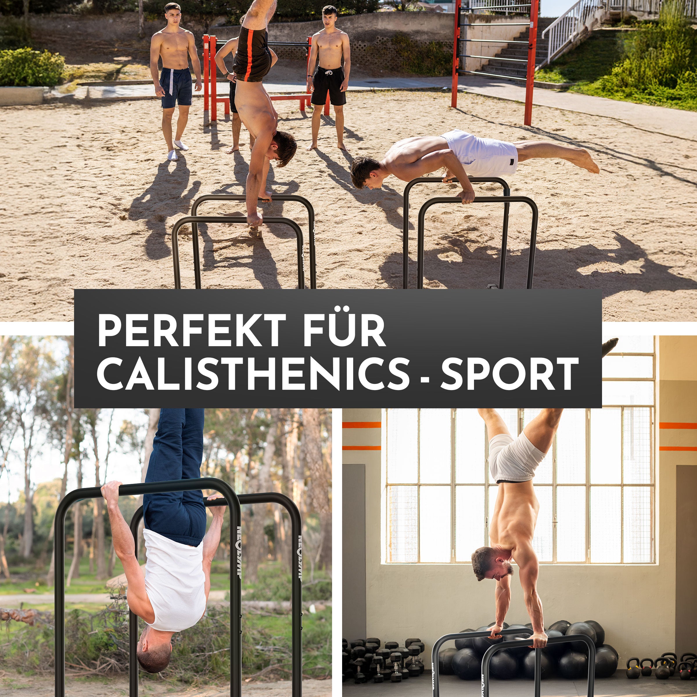 Vielseitige Calisthenics-Übungen mit Dip-Barren an verschiedenen Orten indoor und outdoor sichtbar