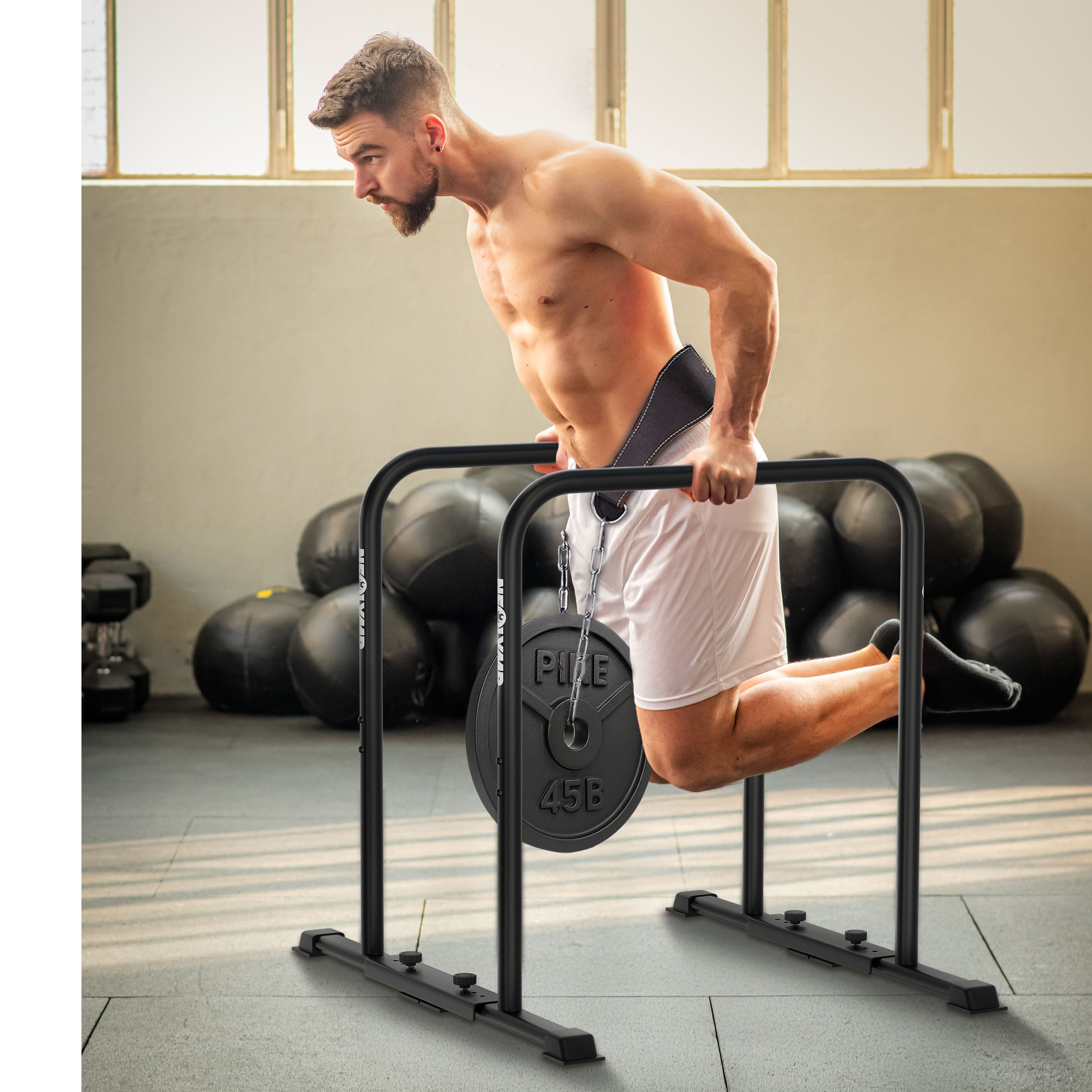 Trainingsausführung von Dips mit Zusatzgewicht am pulverbeschichteten Premium Dip Barren