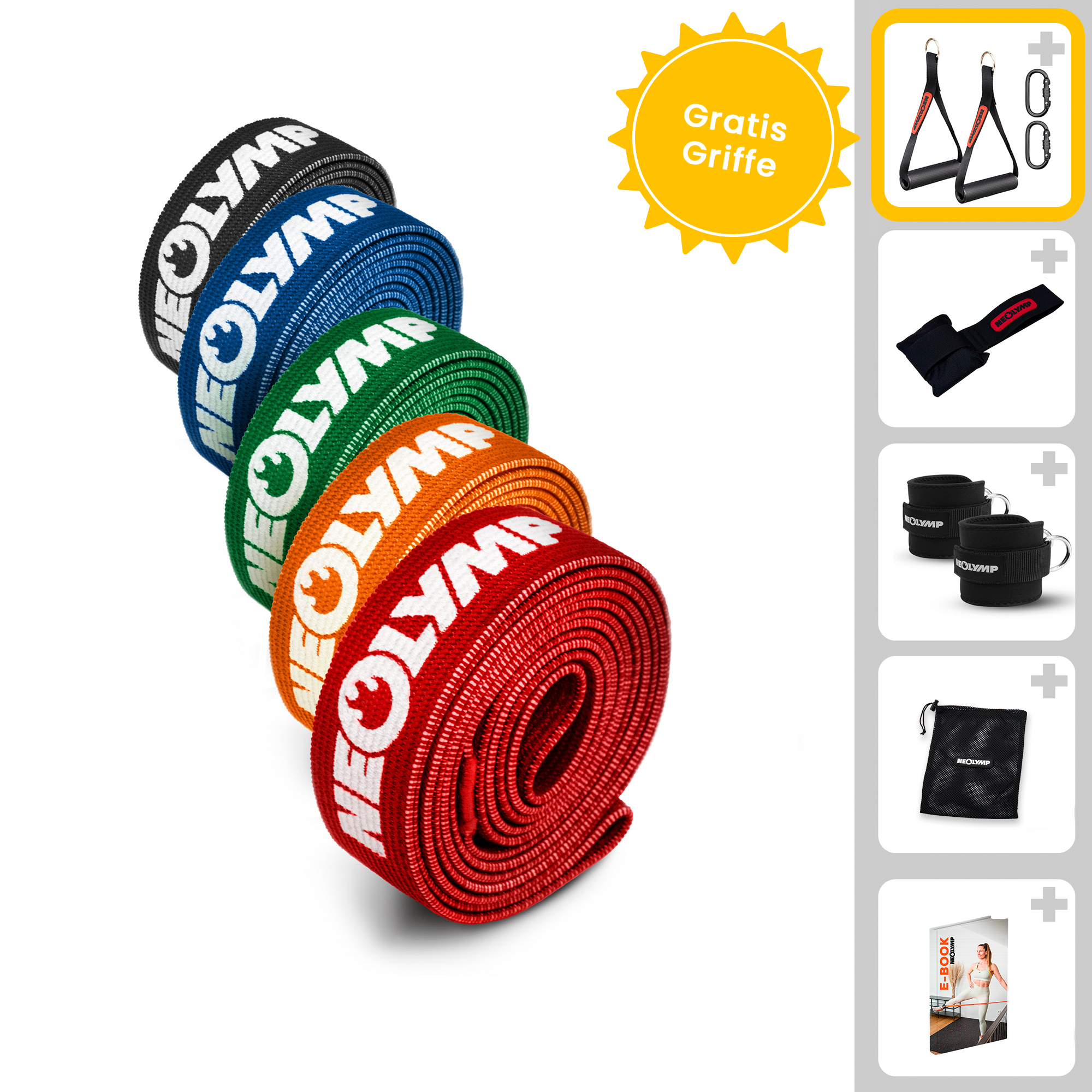 Fitnessbänder Allroundset – Stoff-Fitnessbänder inkl. Zubehör & 400 Übungen – Allroundset Basic (B‑Ware)