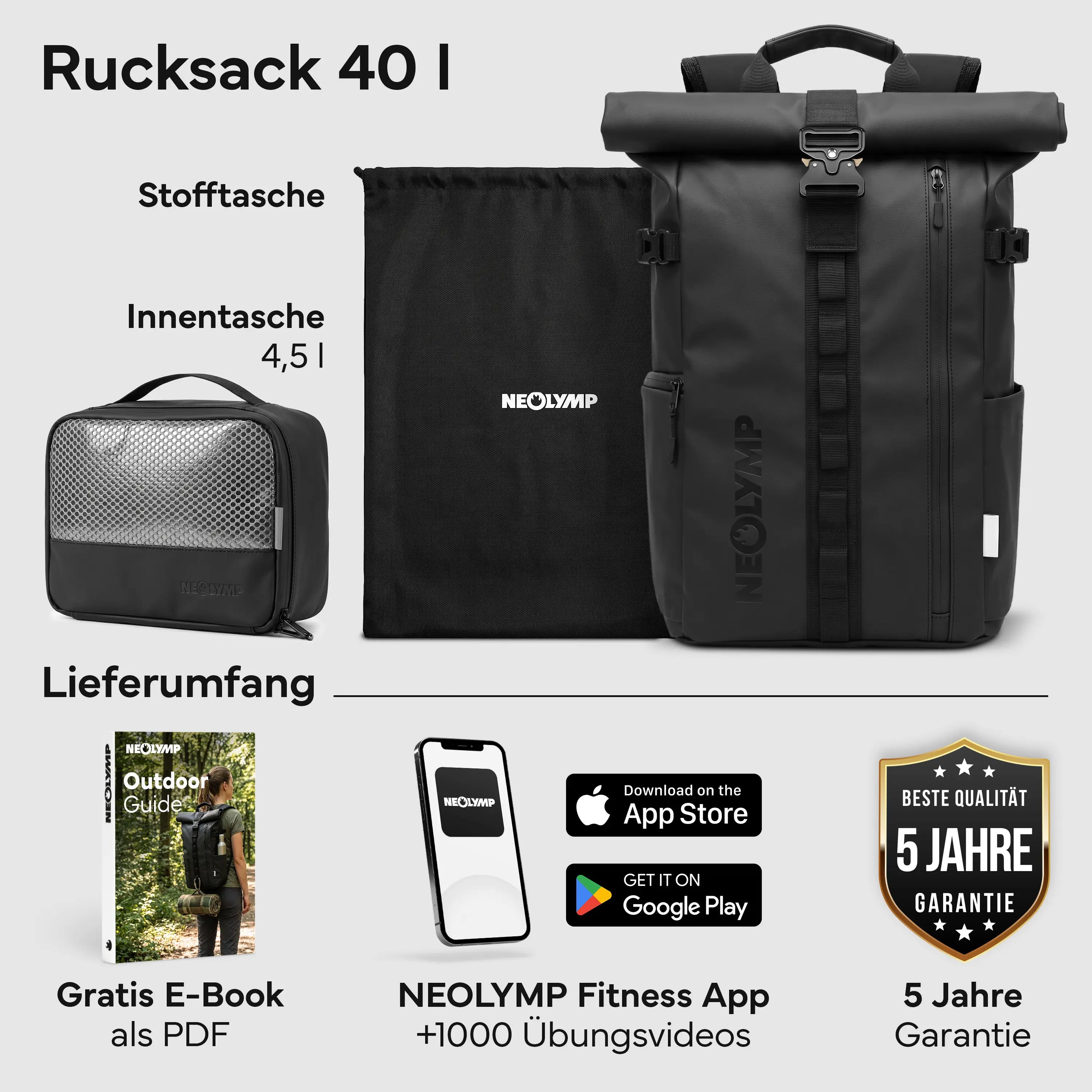 Rucksack Rolltop 40 Liter - Wasserdicht - - Outdoor-Equipment von NEOLYMP | Fitnessequipment und Sportartikel