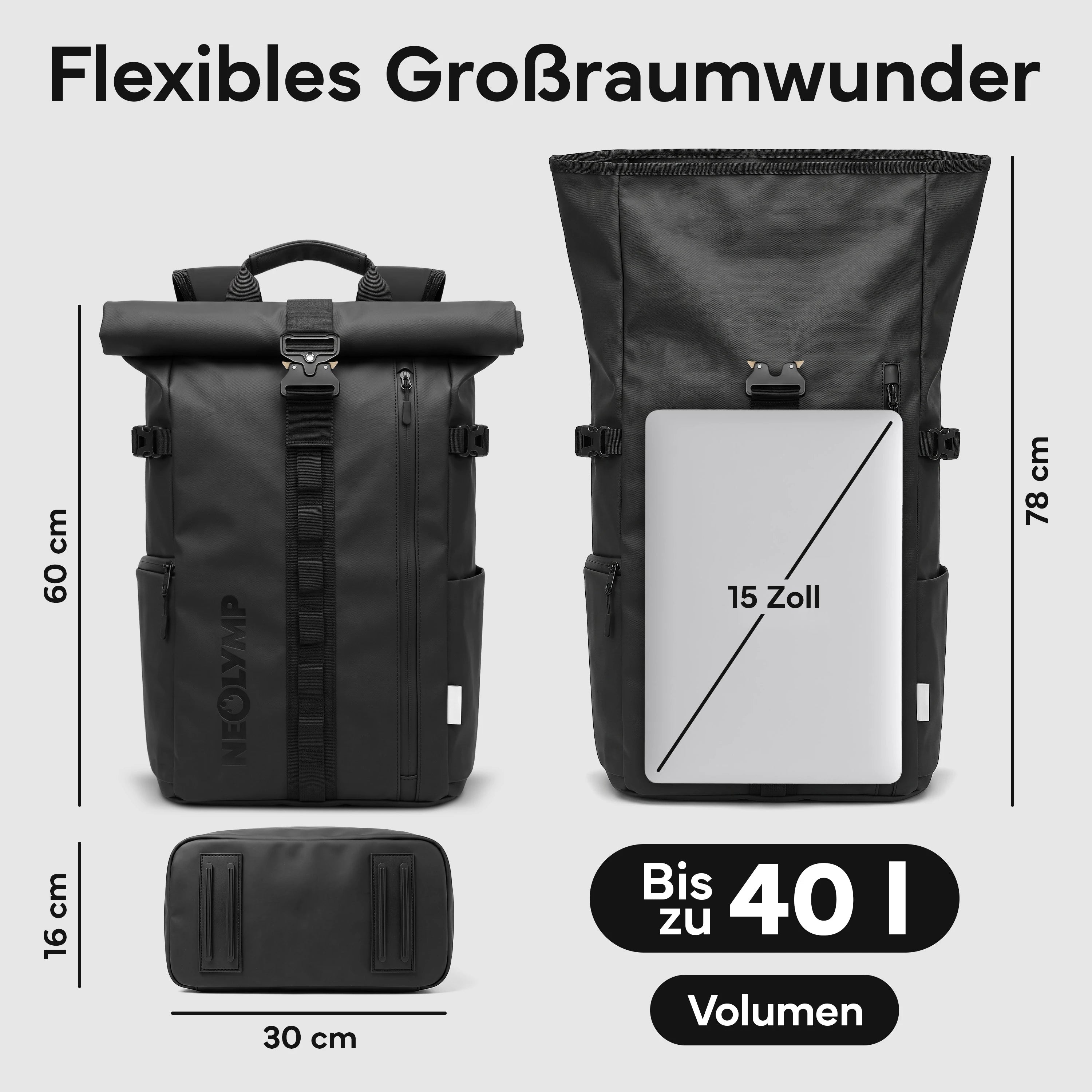 Rucksack Rolltop 40 Liter - Wasserdicht - - Outdoor-Equipment von NEOLYMP | Fitnessequipment und Sportartikel