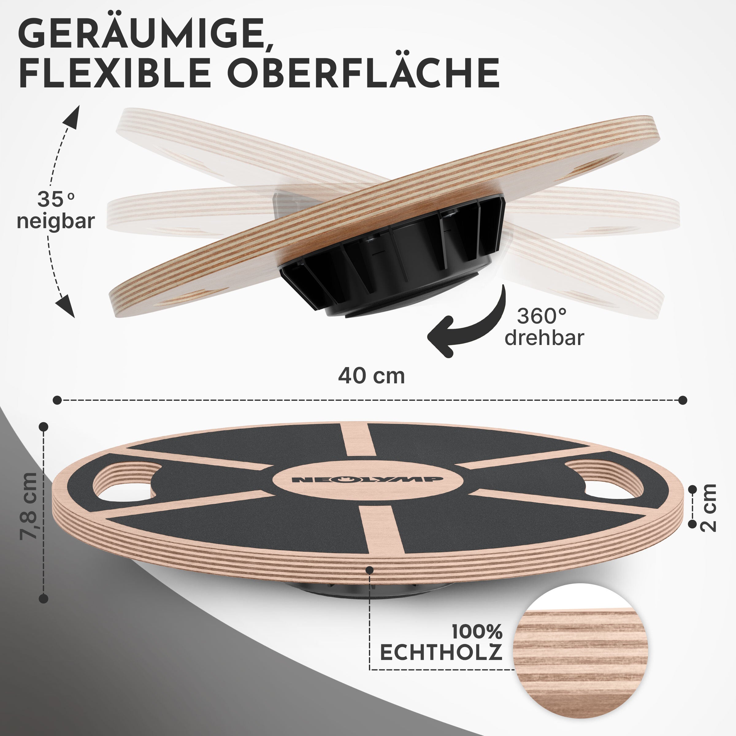 Balance-Board aus Echtholz - mit Griffen