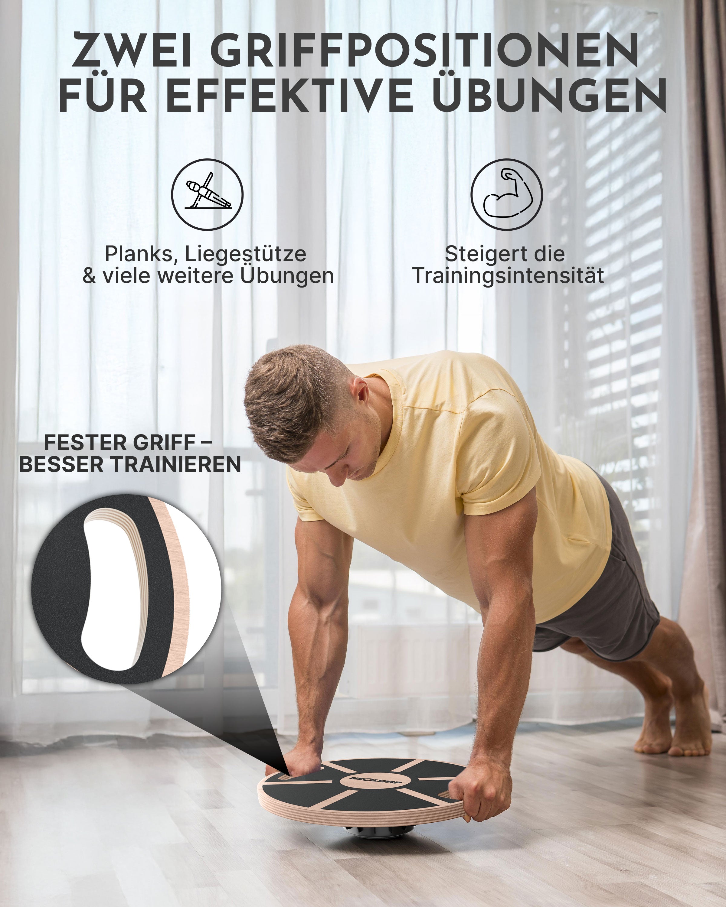 Balance-Board aus Echtholz - mit Griffen