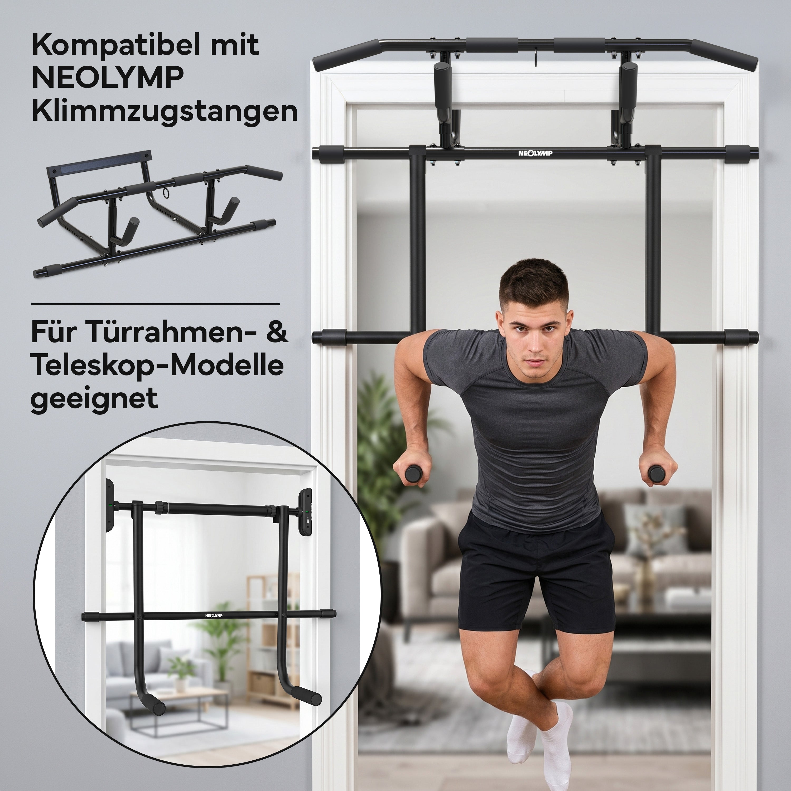 Premium Klimmzugstange 6-in-1 – extra hoch für volle Bewegungsfreiheit - Klimmzugstange mit Dip Barren Adapter - Klimmzugstangen von NEOLYMP | Fitnessequipment und Sportartikel