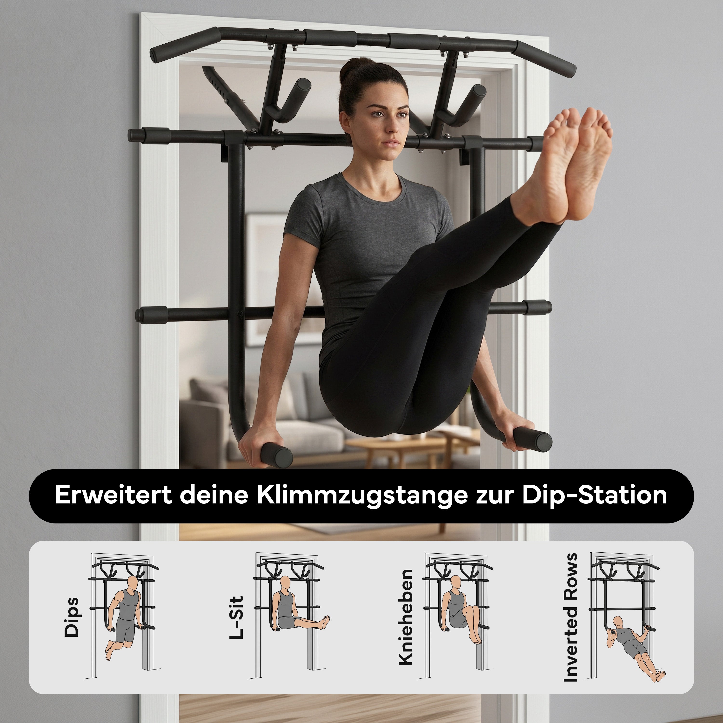 Premium Klimmzugstange 6-in-1 – extra hoch für volle Bewegungsfreiheit - Klimmzugstange mit Dip Barren Adapter - Klimmzugstangen von NEOLYMP | Fitnessequipment und Sportartikel