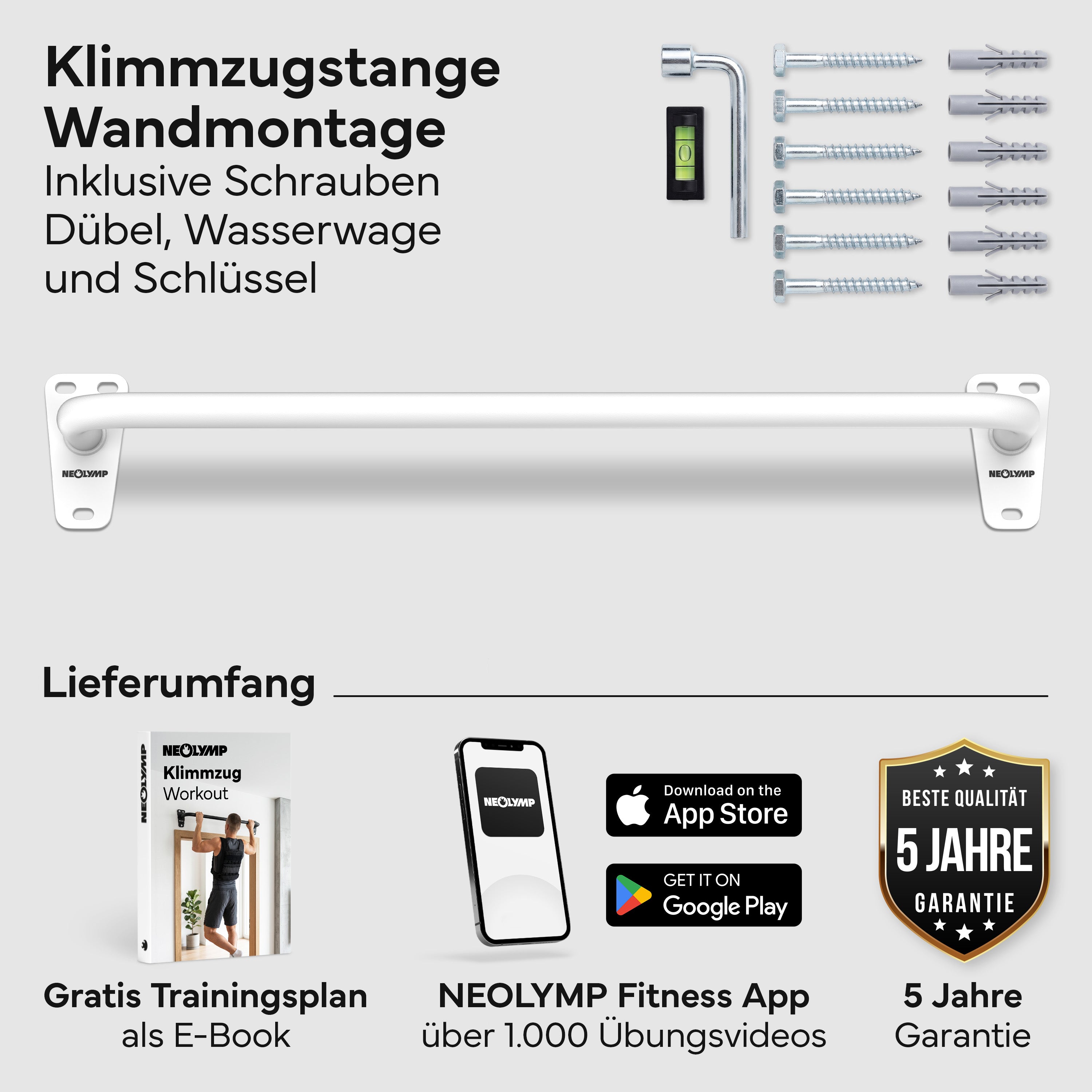 Klimmzugstange für Wandmontage, Pull Up Bar über der Tür - Weiß - Klimmzugstangen von NEOLYMP | Fitnessequipment und Sportartikel