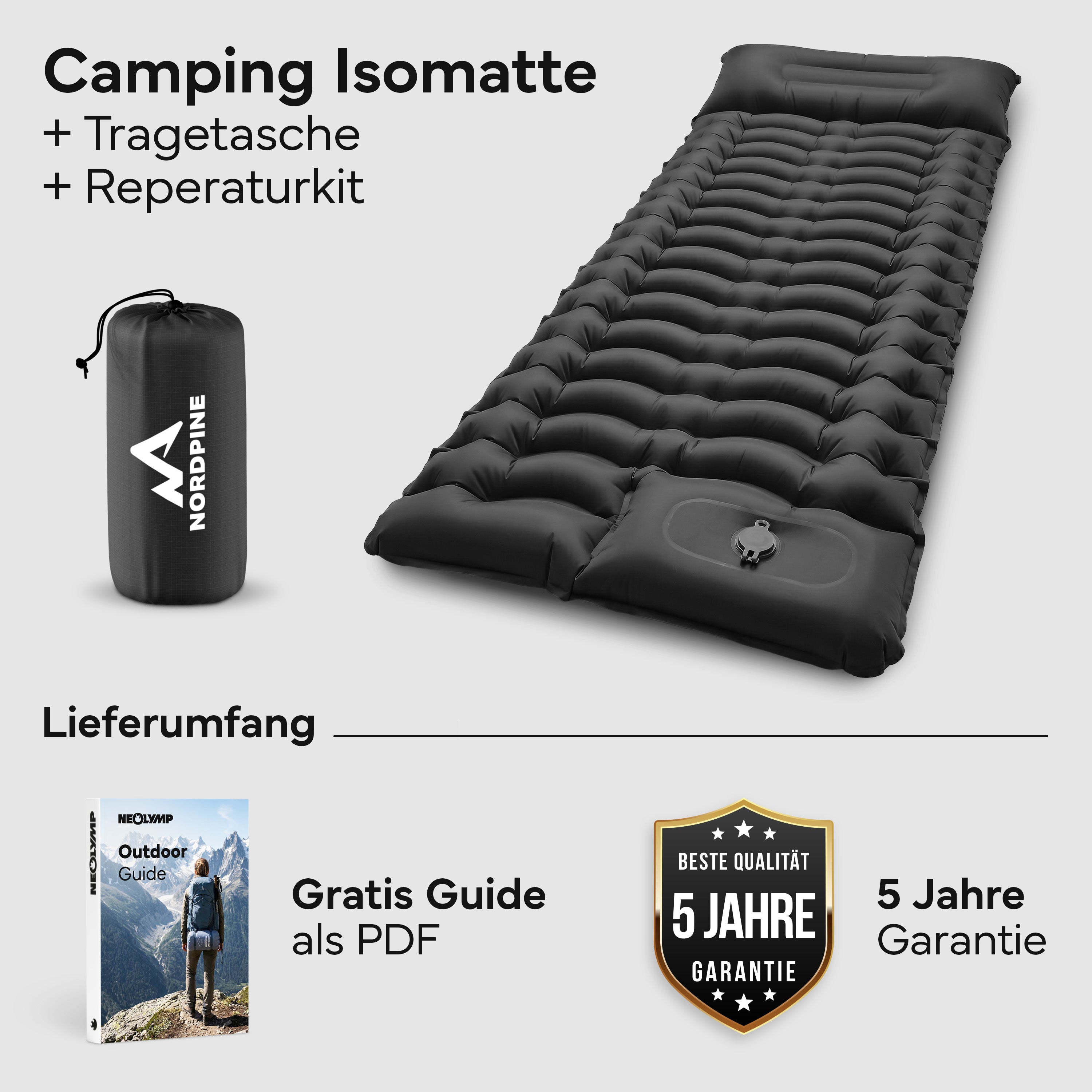 Isomatte Single - kombinierbar, integrierte Luftpumpe - Schwarz - Campingartikel von NORDPINE | Outdoor-Equipment, Wandern, Camping