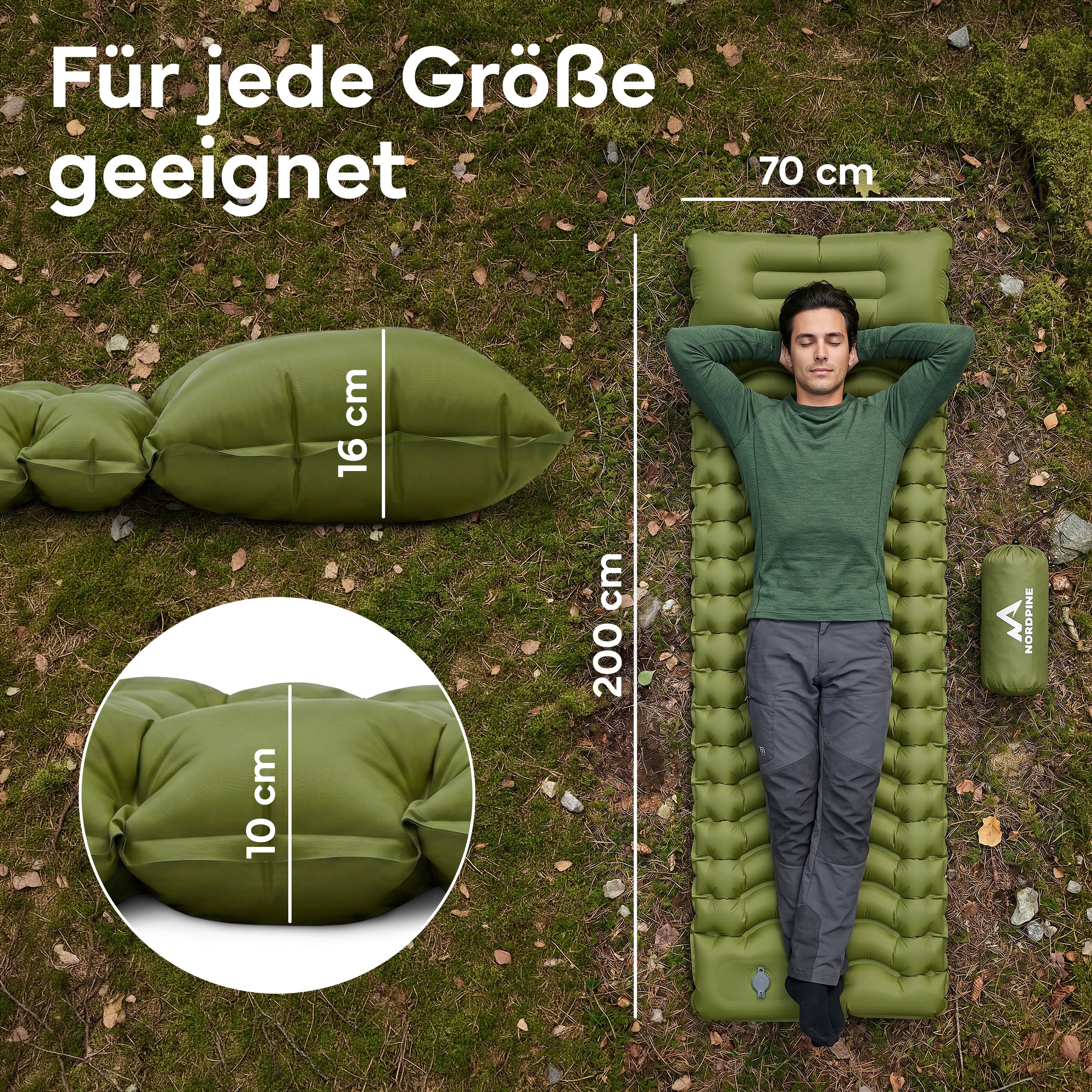 Isomatte Single - kombinierbar, integrierte Luftpumpe - Army Green - Campingartikel von NORDPINE | Outdoor-Equipment, Wandern, Camping